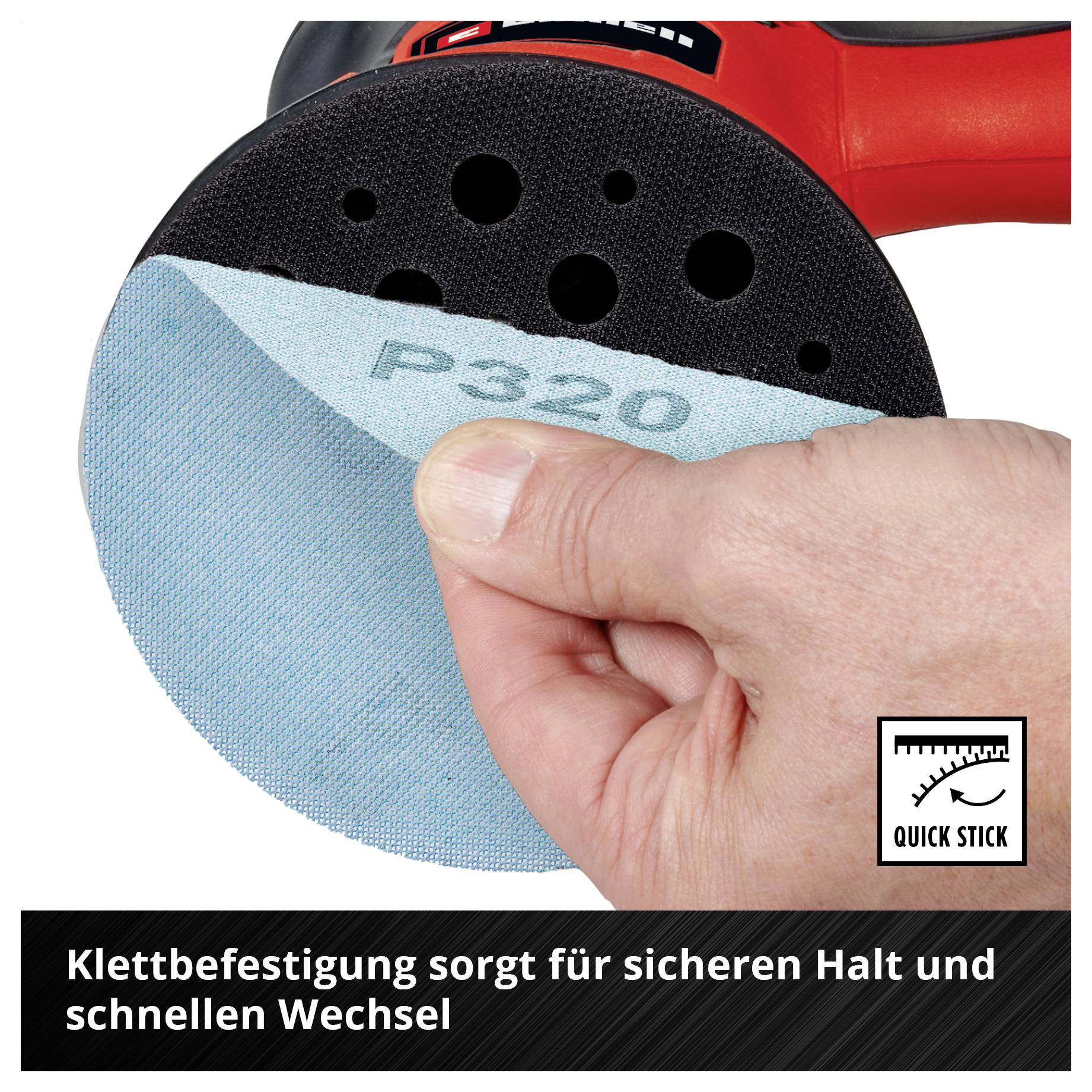 Hand hält Schleifscheibe mit Klettverschluss und Aufdruck 'P320'; Hinweis: sicherer Halt und schneller Wechsel.