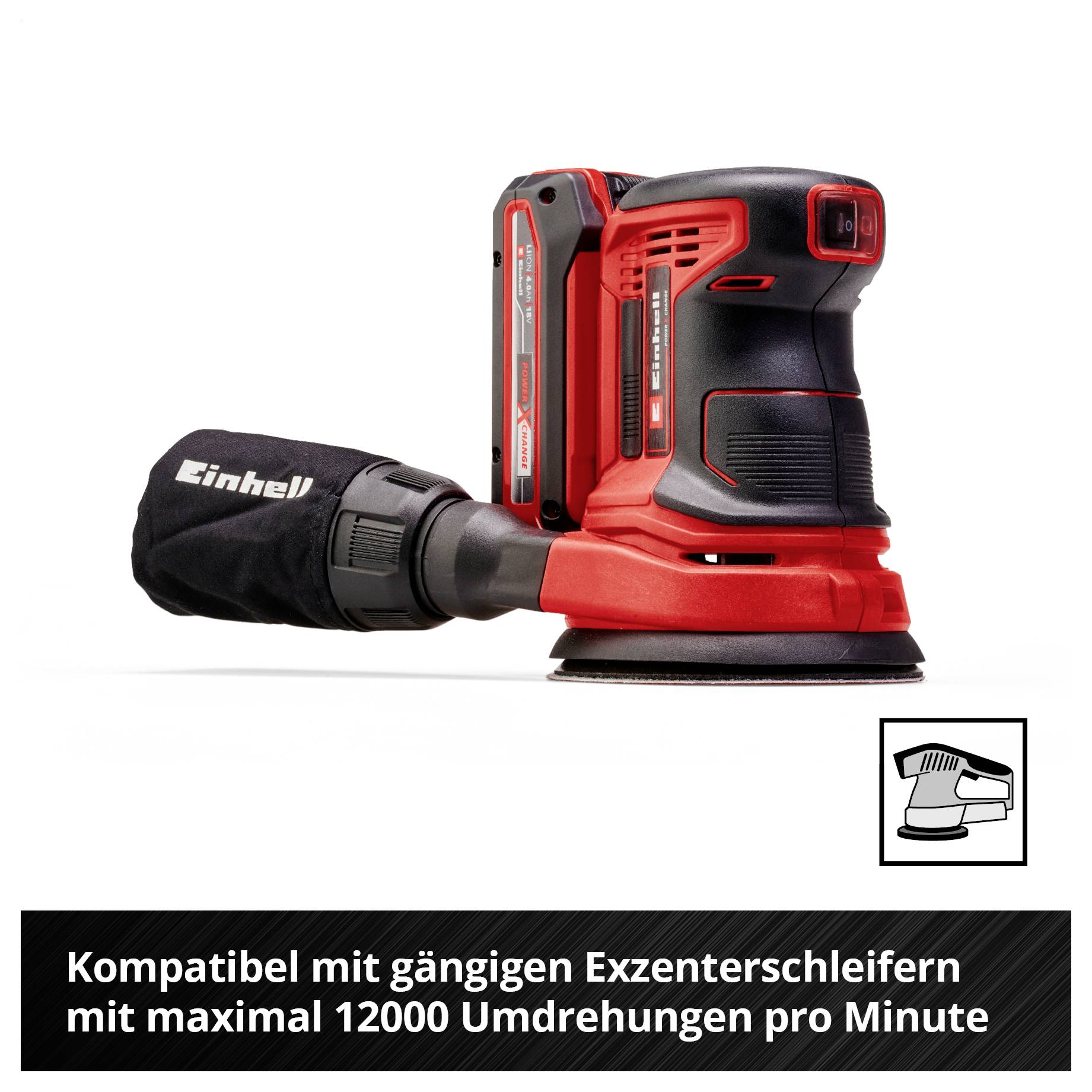 Einhell-Akku-Exzenterschleifer mit Staubbeutel; kompatibel mit gängigen Exzenterschleifern bis 12000 Umdrehungen pro Minute.