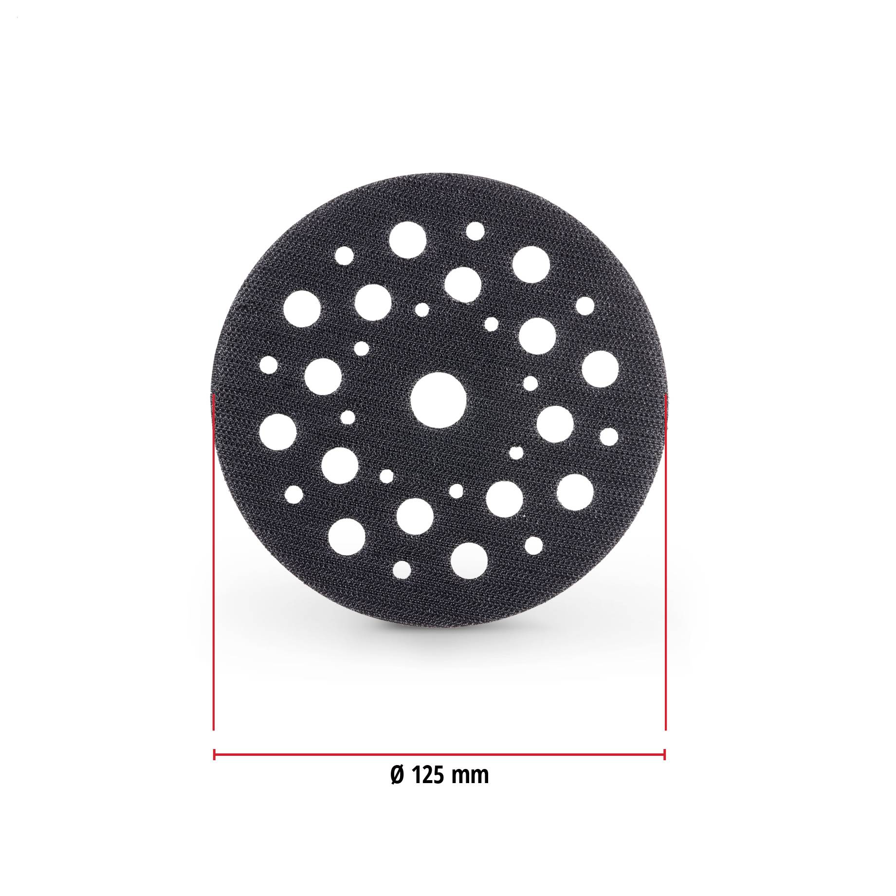 Schwarze kreisförmige perforierte Matte mit vielen Löchern, frontal dargestellt mit einer Durchmesser-Bezeichnung von 125 mm.