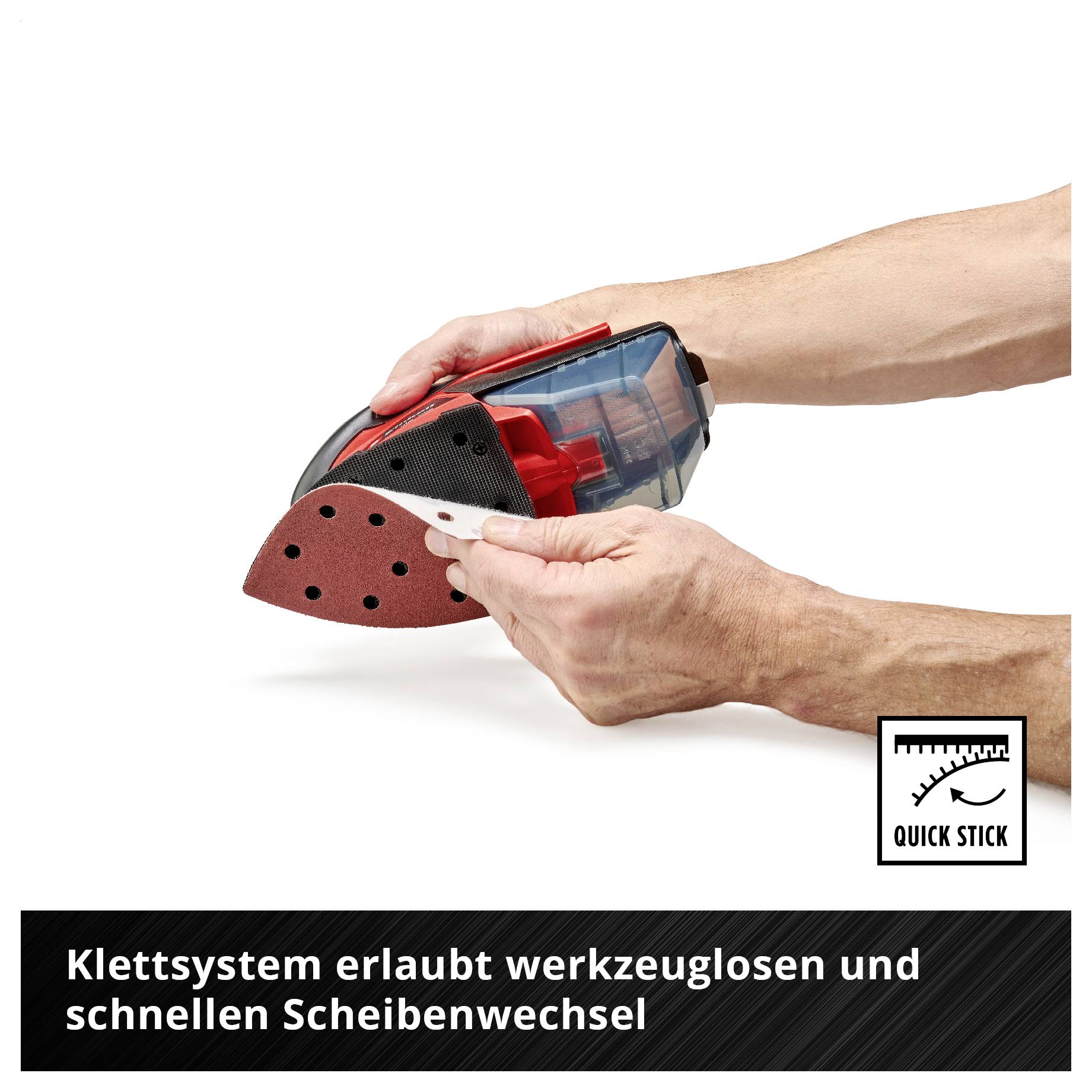 Hand wechselt das Schleifpapier eines Exzenterschleifers werkzeuglos; Hinweistext: 'Klettsystem erlaubt werkzeuglosen und schnellen Scheibenwechsel'.