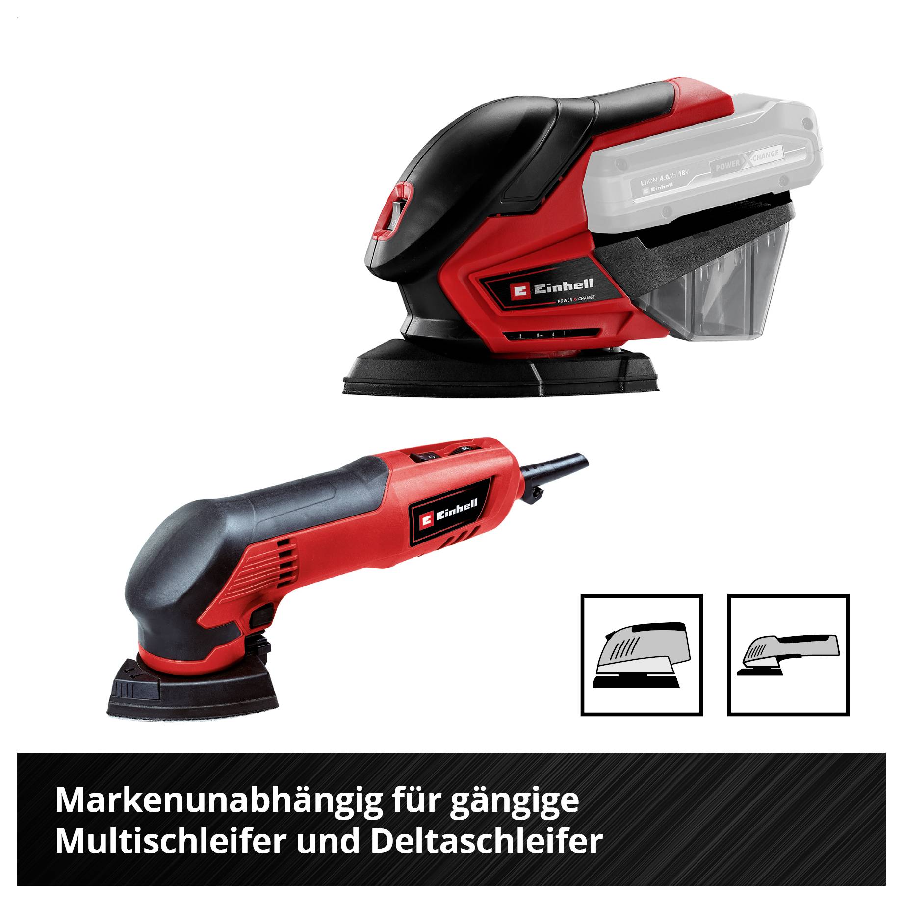 Zwei rote Einhell-Schleifaufsätze für Multischleifer und Deltaschleifer; Text: 'Markenunabhängig für gängige Multischleifer und Deltaschleifer'.