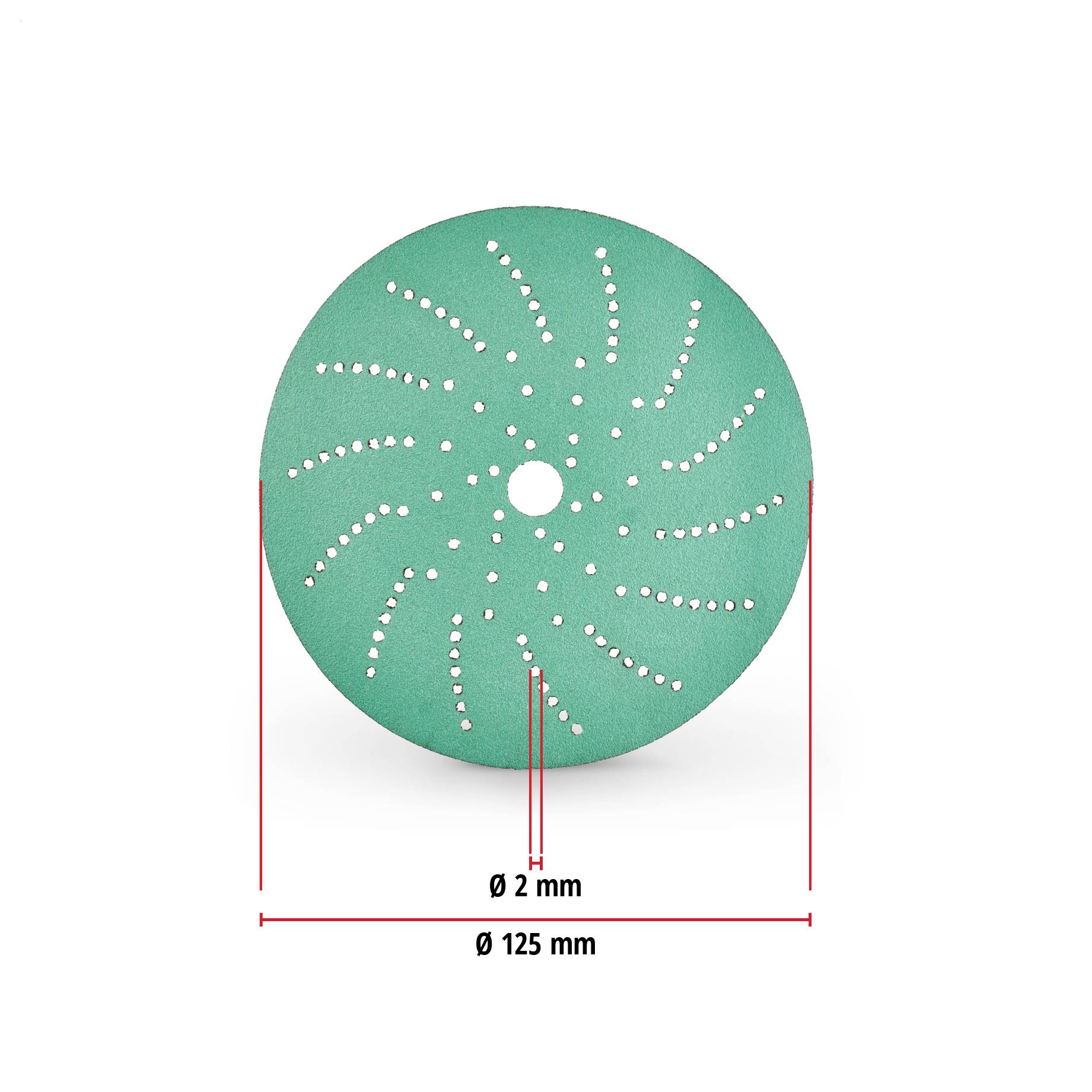 Vorderansicht einer blaugrünen kreisförmigen perforierten Scheibe mit spiralförmigen Punktlöchern und einem mittleren Loch, beschriftet mit Durchmesser 125 mm und Lochdurchmesser 2 mm.
