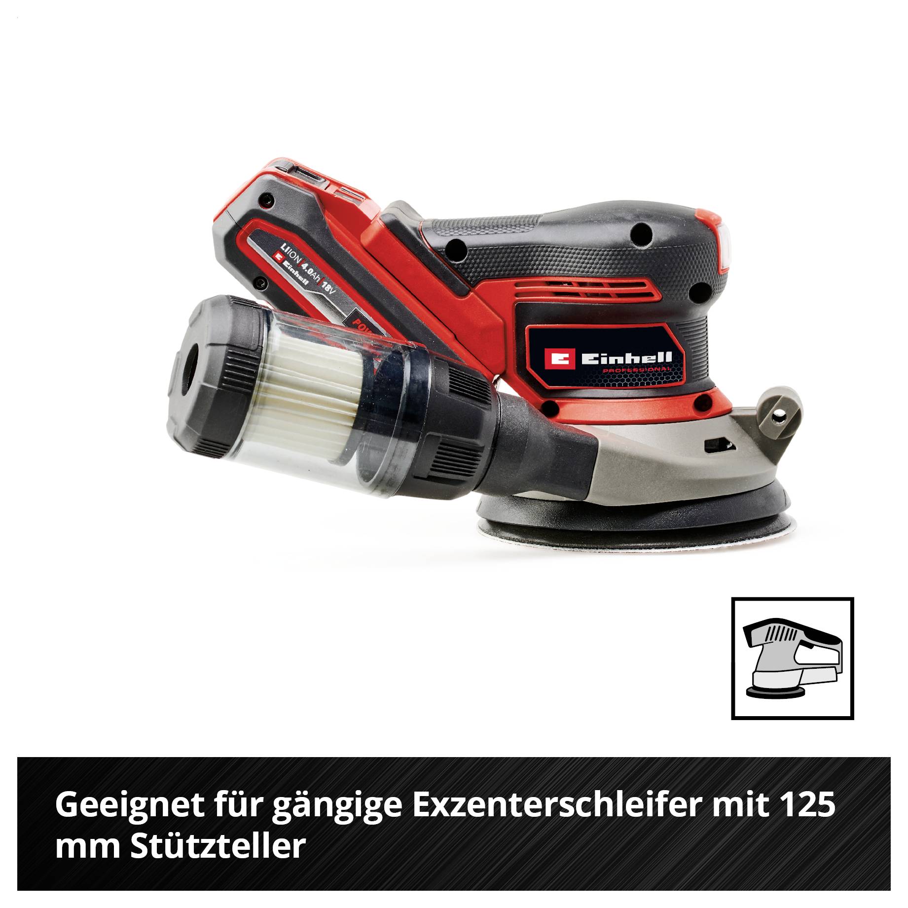 Exzenterschleifer mit 125-mm-Stützteller, Produktabbildung mit Hinweis 'Geeignet für gängige Exzenterschleifer mit 125 mm Stützteller'.
