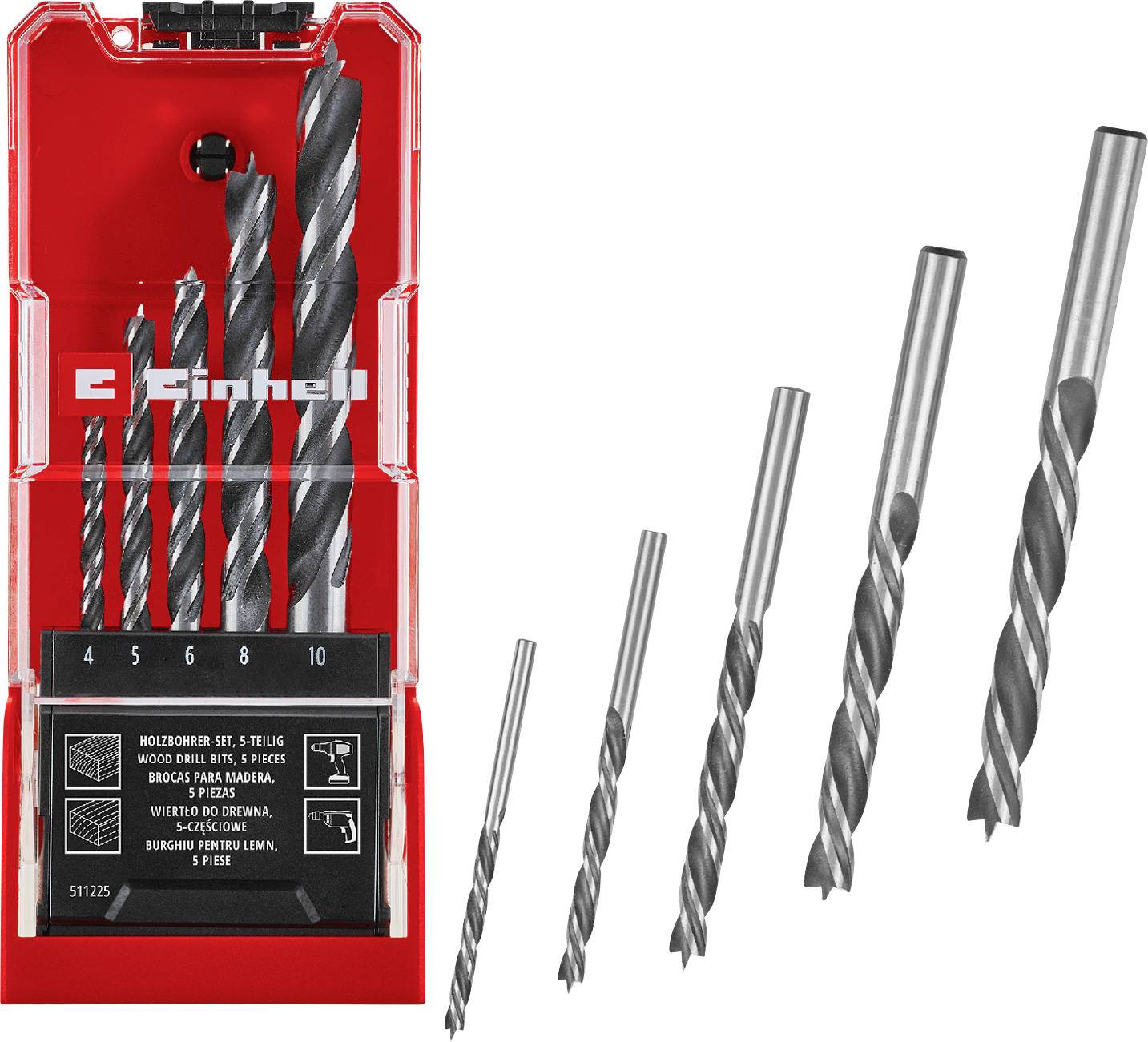 Einhell 5er-Holzbohrerset in rotem Koffer, mit fünf silbernen Spiralbohrern neben der Verpackung gezeigt.