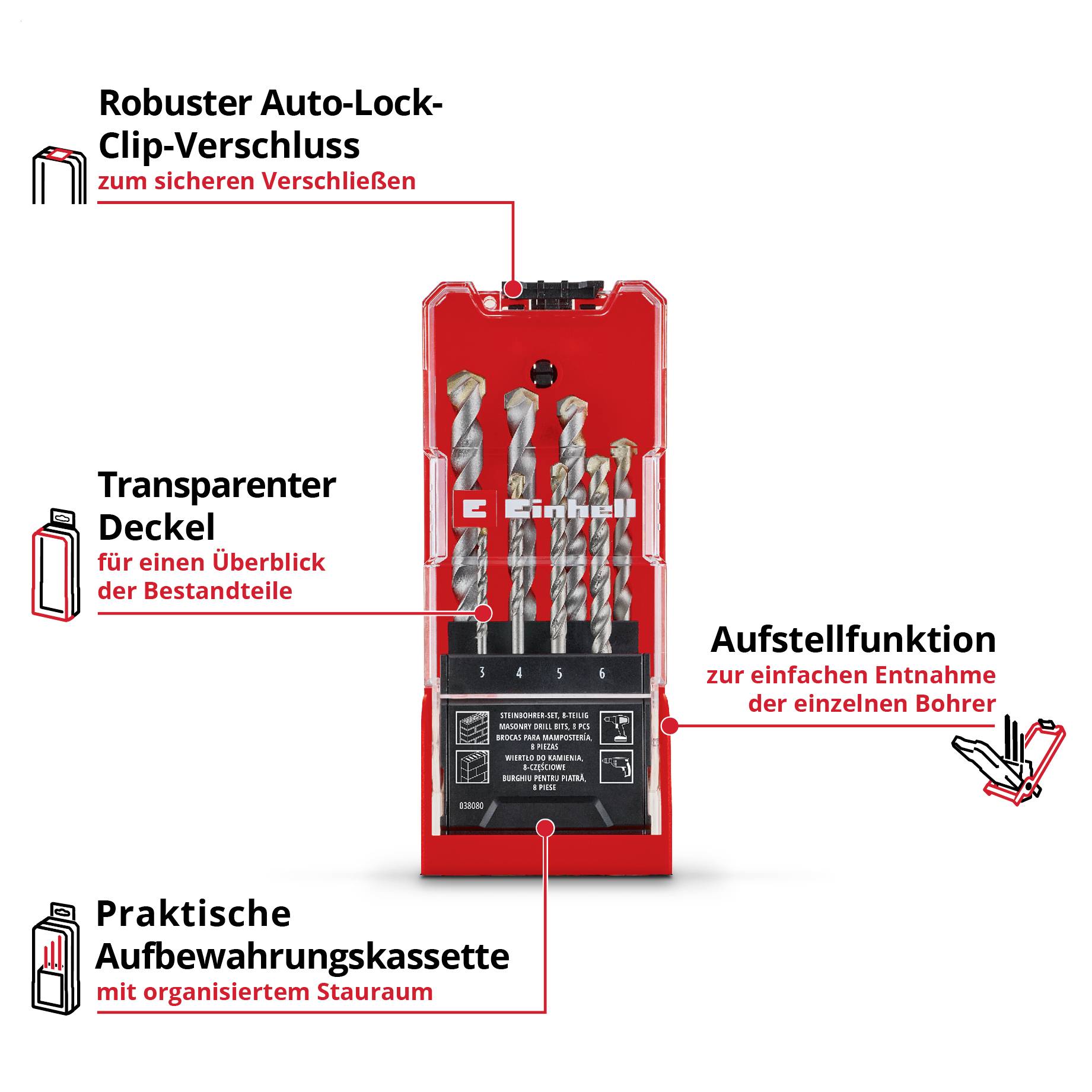 Rotes Bohrerset in Aufbewahrungskassette mit transparentem Deckel, Auto-Lock-Clip und Aufstellfunktion; beschriftet mit Vorteilen und Überblick über Bohrer.