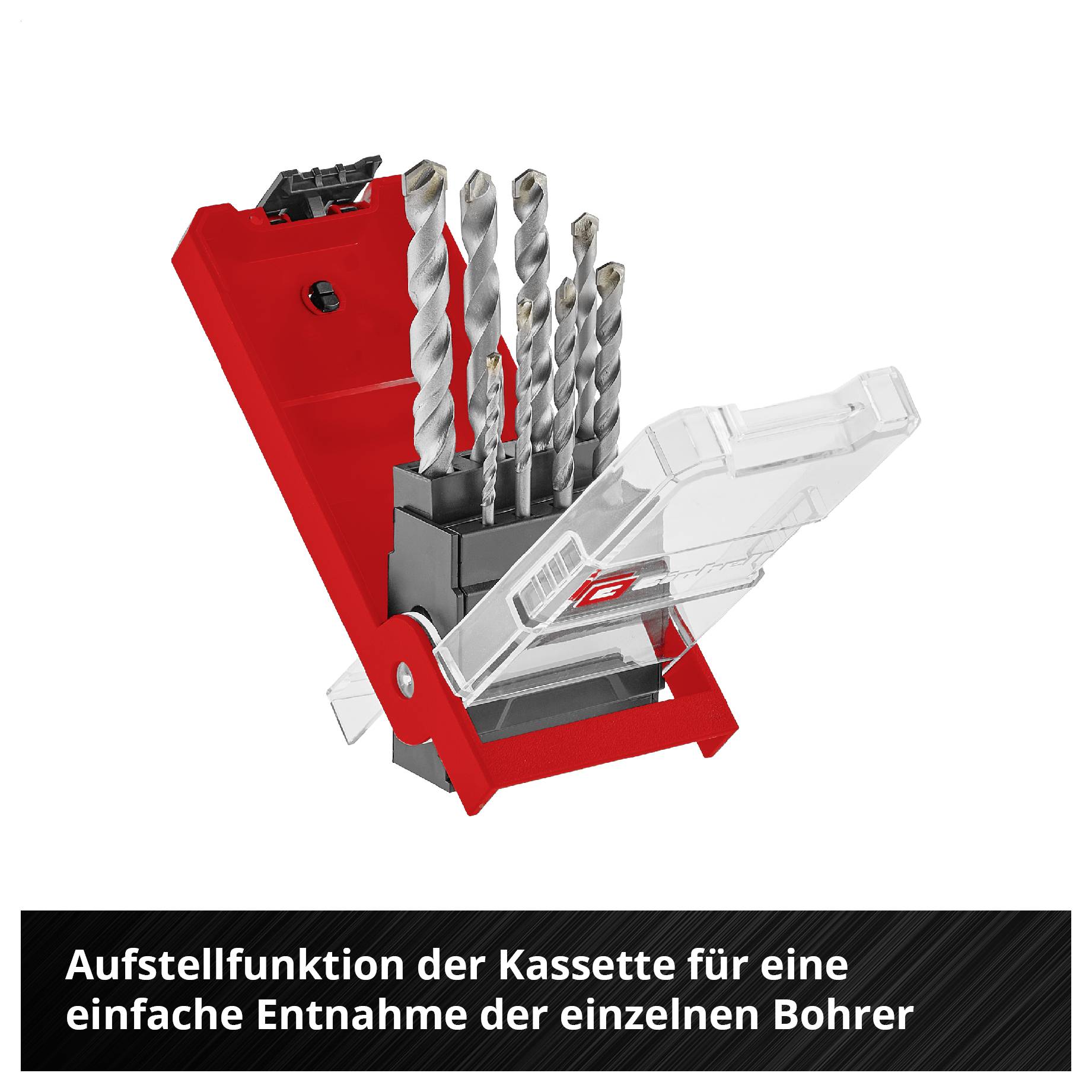 Rote Bohrerkassette mit sechs Spiralbohrern und transparenter Klappe; Text: 'Aufstellfunktion der Kassette für eine einfache Entnahme der einzelnen Bohrer'