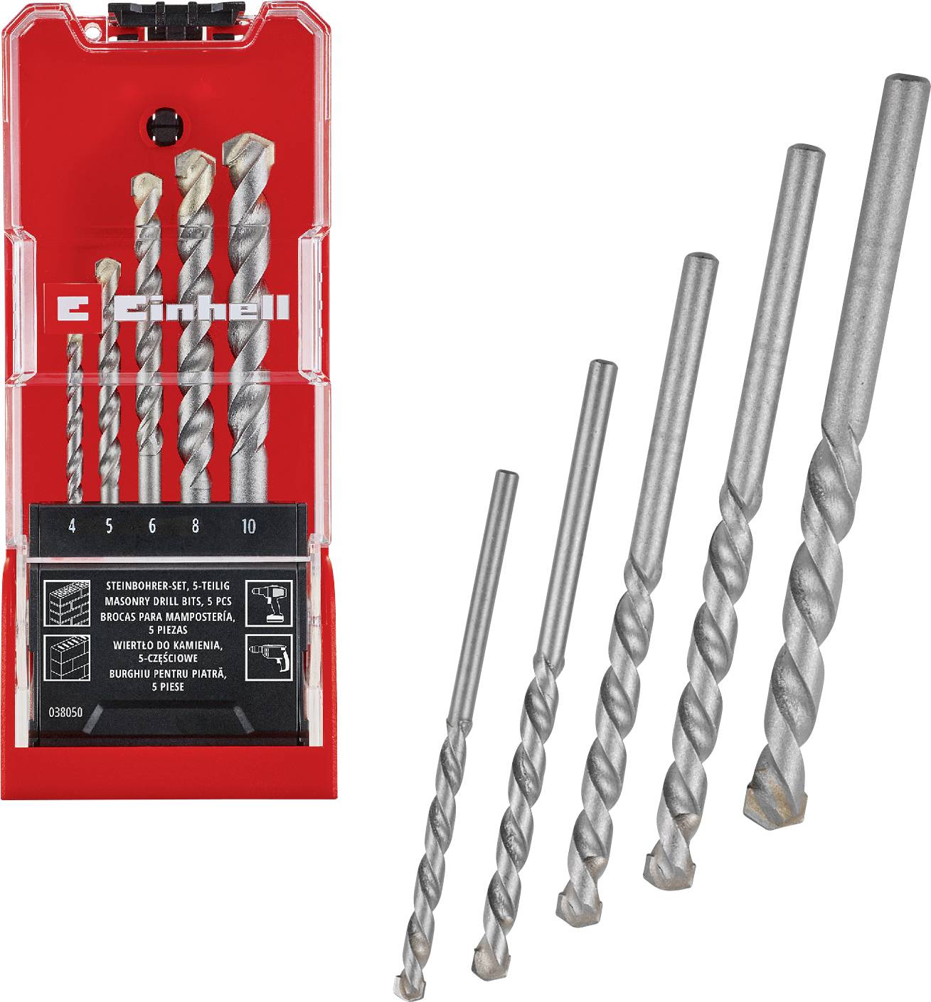 Satz von fünf Silber-Steinbohrern in einem roten Kunststoffkoffer der Marke Einhell, Größen 4 bis 10 mm, dargestellt neben den Bohrern auf weißem Hintergrund.