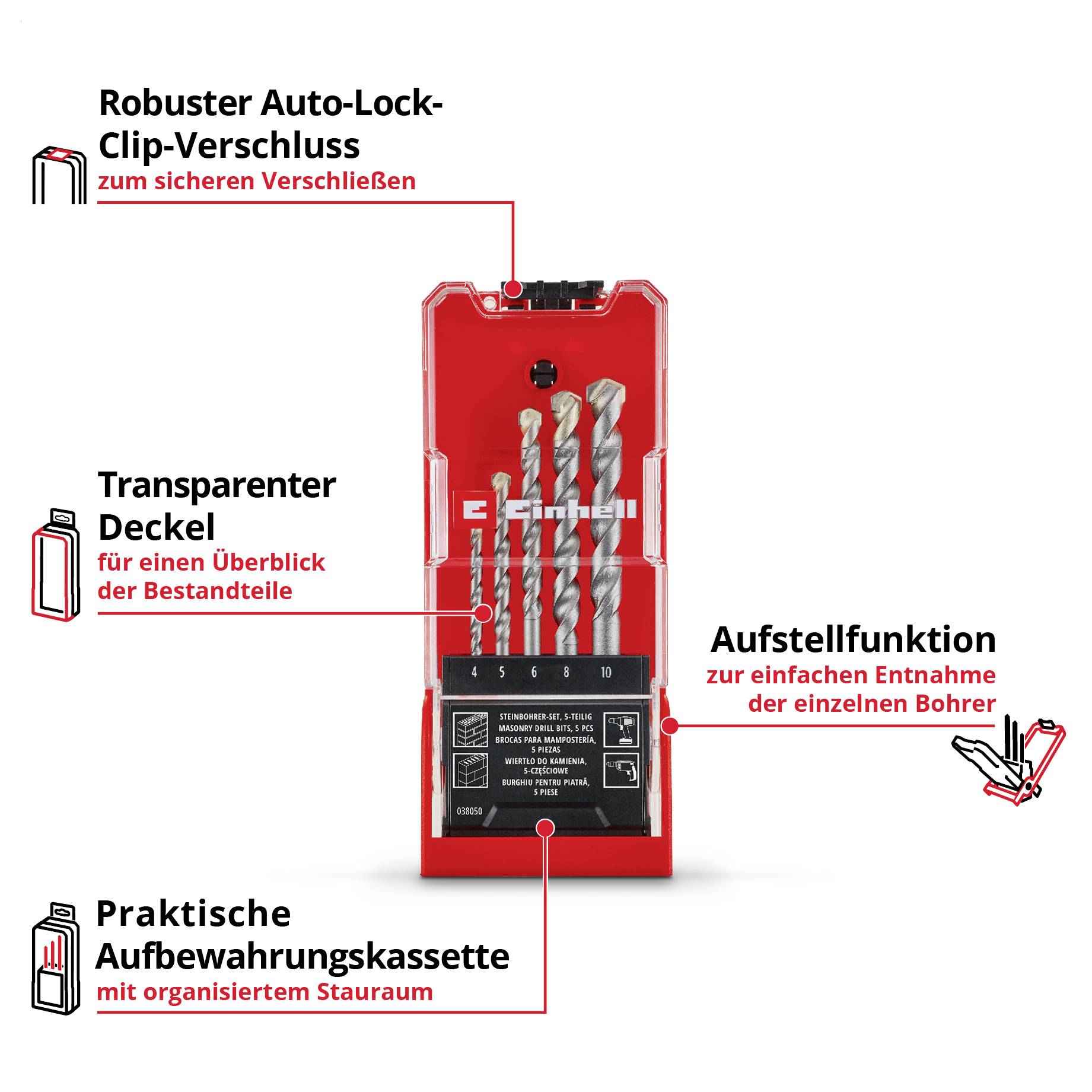 Rote Bohrer-Aufbewahrungsbox mit transparentem Deckel, Auto-Lock-Clip-Verschluss und Aufstellfunktion; deutsche Hinweislabels zeigen die Funktionen.