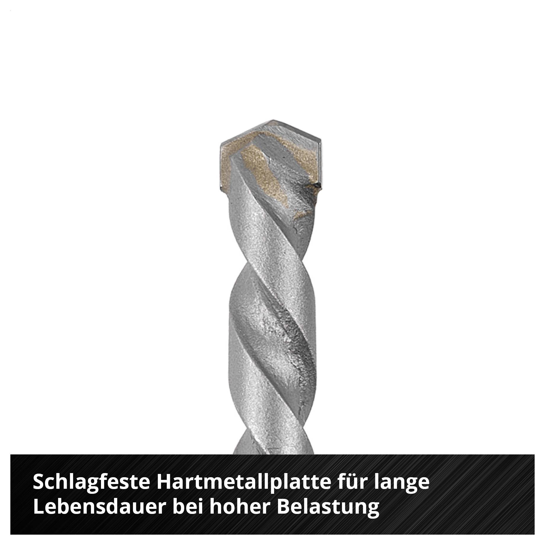 Bohrer mit schlagfester Hartmetallplatte; Text: 'Schlagfeste Hartmetallplatte für lange Lebensdauer bei hoher Belastung'