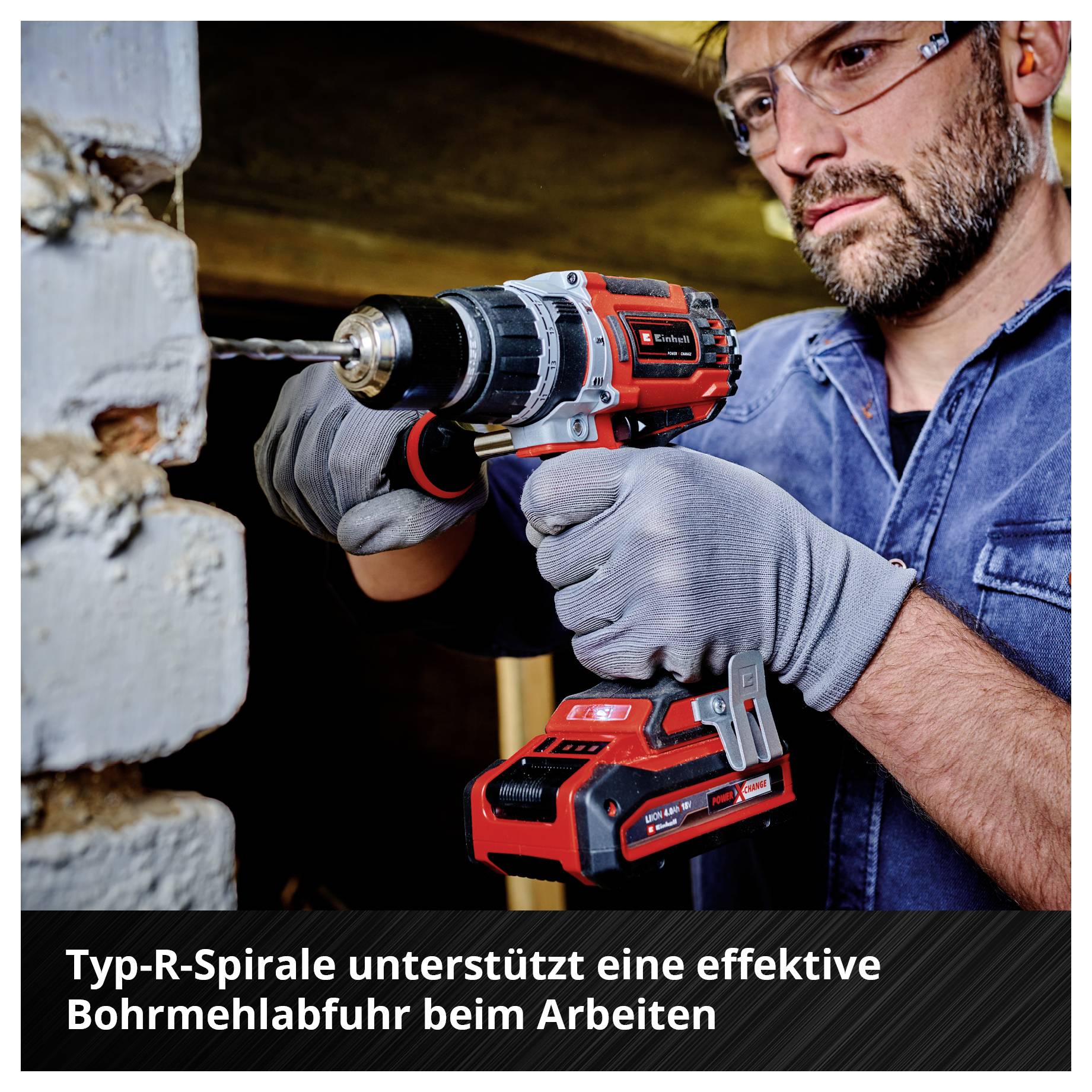 Mann bohrt mit Akkuschrauber in eine Wand; Text: 'Typ-R-Spirale unterstützt eine effektive Bohrmehlabfuhr beim Arbeiten'