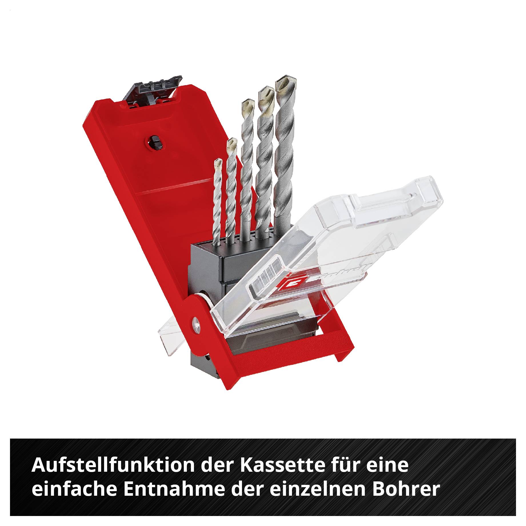 Rote Bohrerkassette mit vier Spiralbohrern und Klappdeckel; Text: 'Aufstellfunktion der Kassette für eine einfache Entnahme der einzelnen Bohrer'