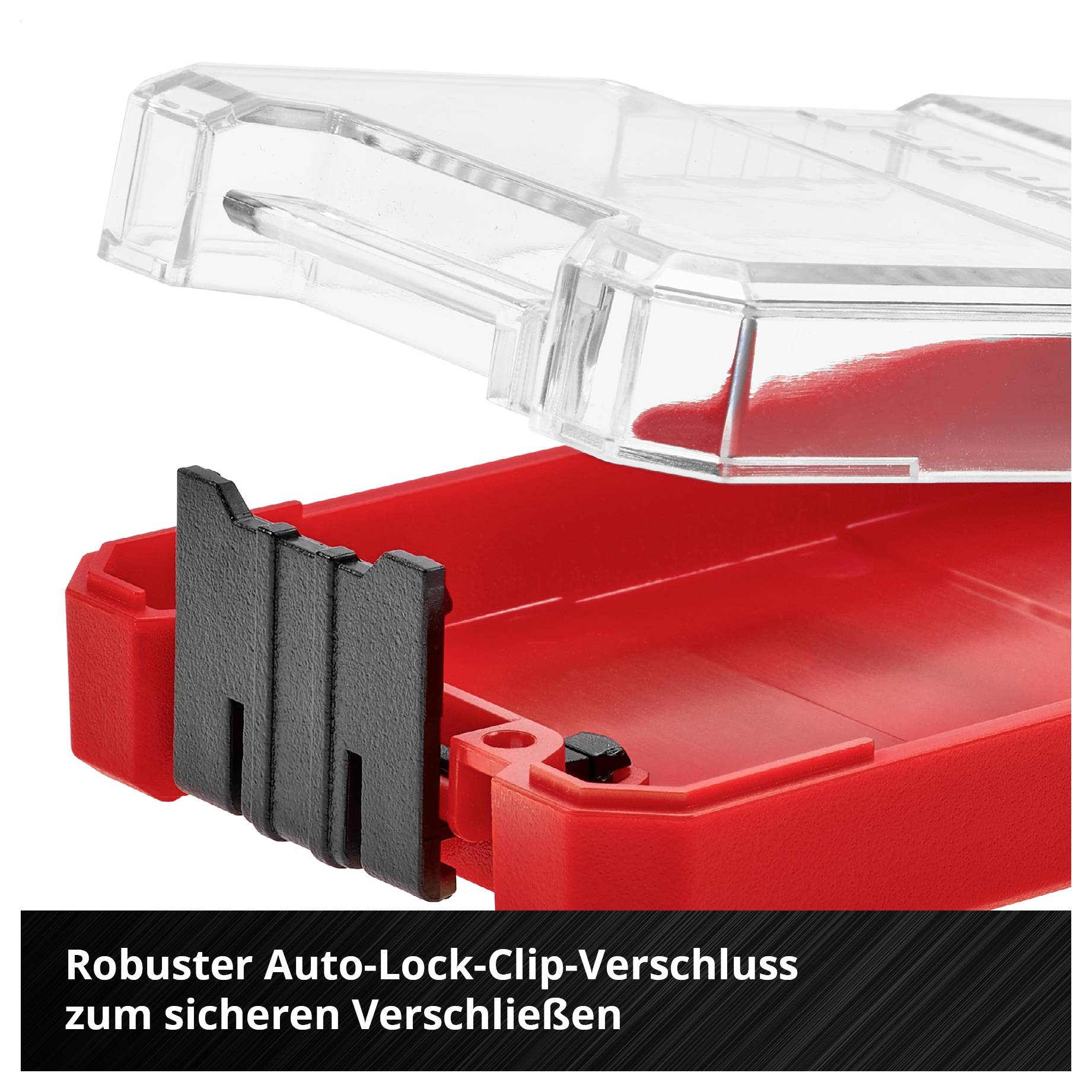 Rote Aufbewahrungsbox mit transparentem Deckel und schwarzem Auto-Lock-Clip; Text: 'Robuster Auto-Lock-Clip-Verschluss zum sicheren Verschließen'