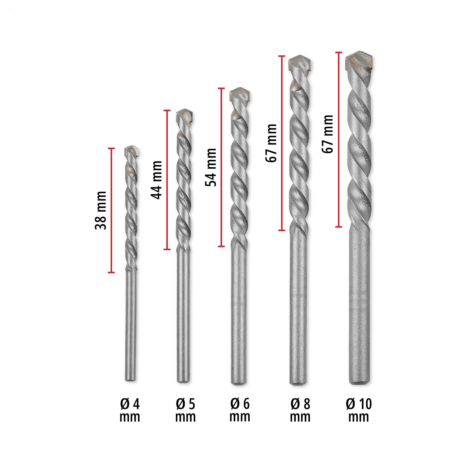 Vergleich von fünf Spiralbohrern mit Durchmessern Ø 4, Ø 5, Ø 6, Ø 8 und Ø 10 mm; markierte Schneidenlängen: 38, 44, 54 und 67 mm.