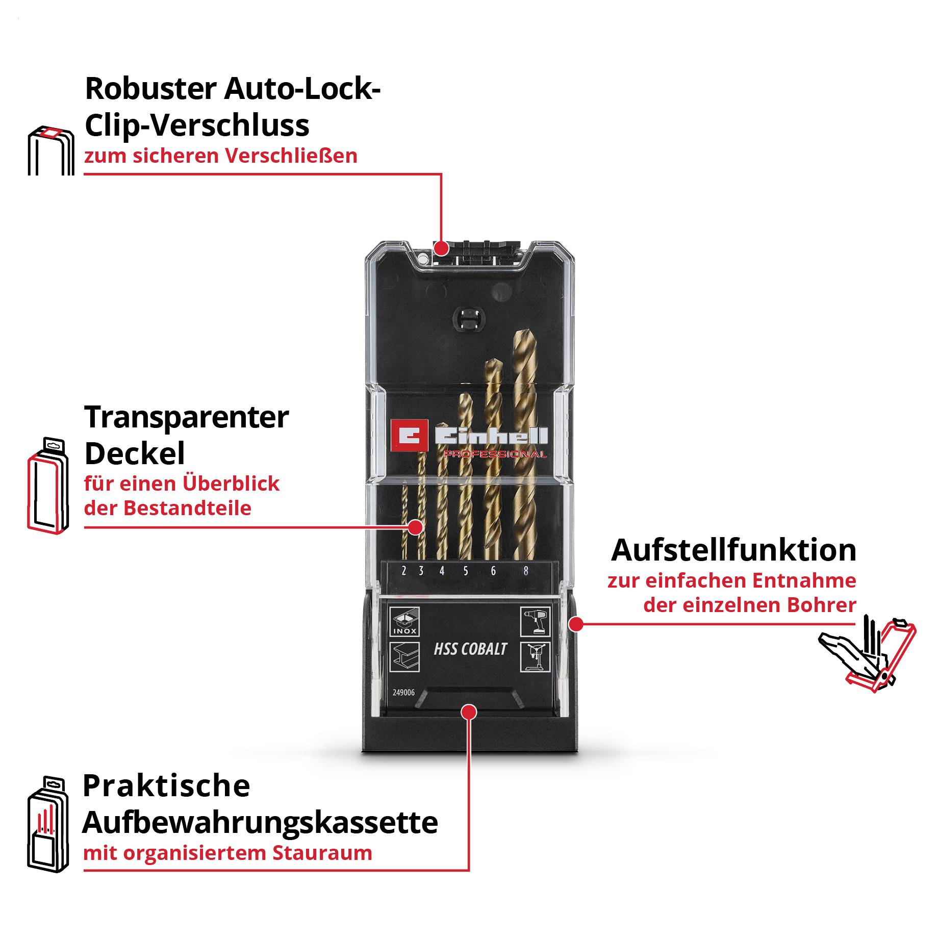 Bohrer-Set in transparenter Aufbewahrungskassette mit Auto-Lock-Clip-Verschluss und Aufstellfunktion; hebt sicheren Verschluss und organisierten Stauraum hervor.