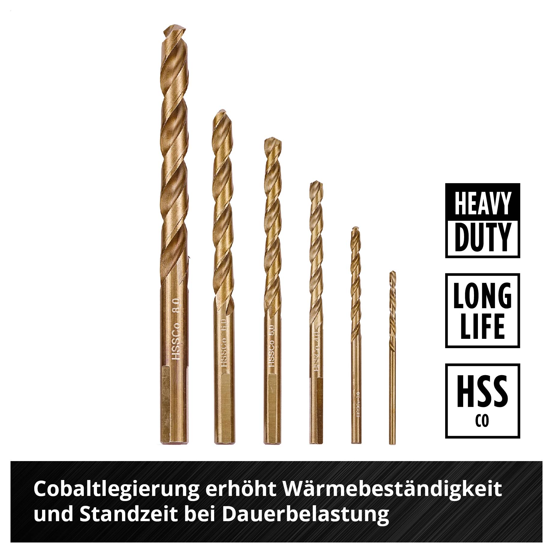 Werbung für HSS-Bohrer in mehreren Größen; Text: 'Cobaltlegierung erhöht Wärmebeständigkeit und Standzeit bei Dauerbelastung', 'HEAVY DUTY', 'LONG LIFE', 'HSS Co'.