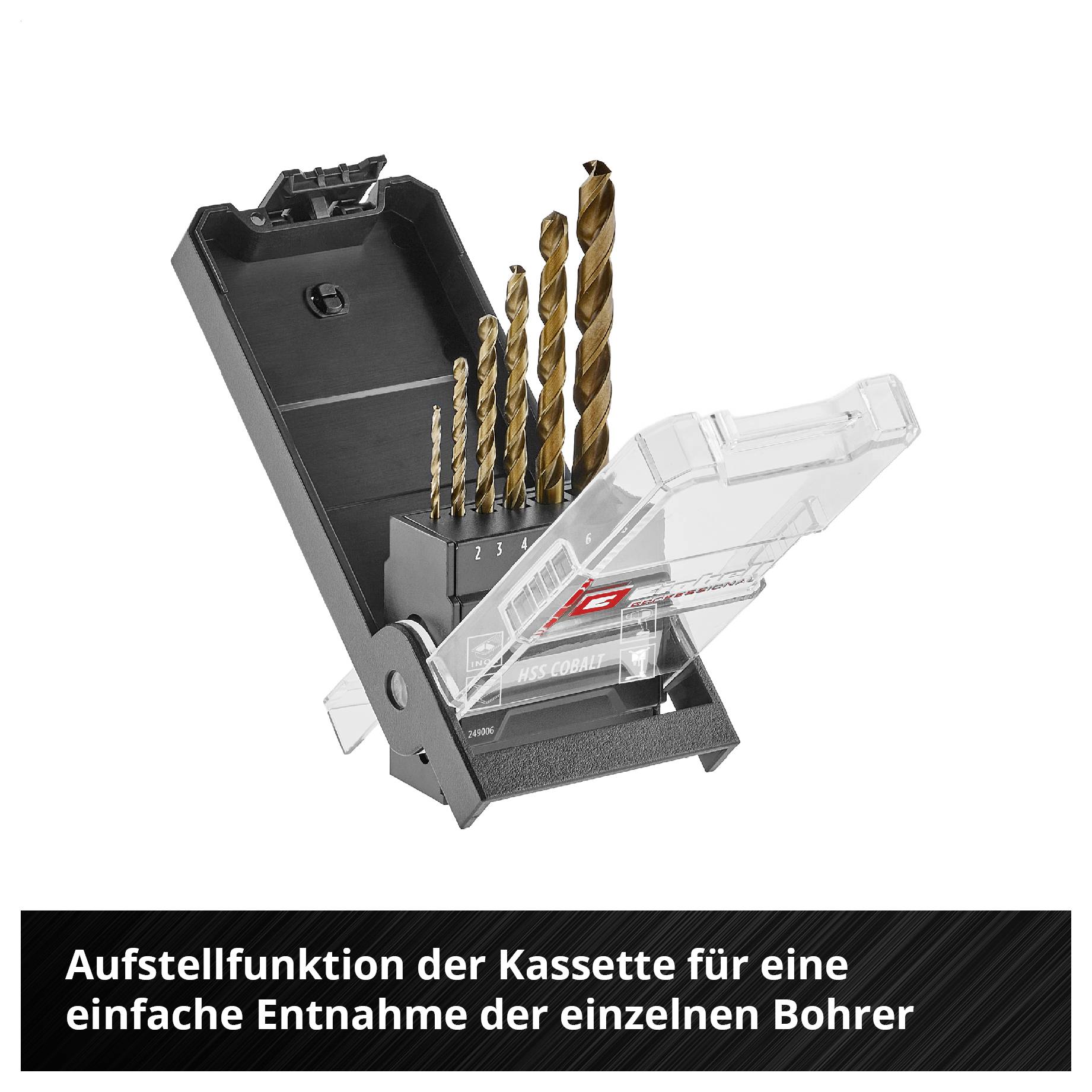 Bohrer-Kassette mit Aufstellfunktion zur einfachen Entnahme einzelner Bohrer, dargestellt als Produktabbildung mit fünf Spiralbohrern und transparenter Schutzabdeckung.