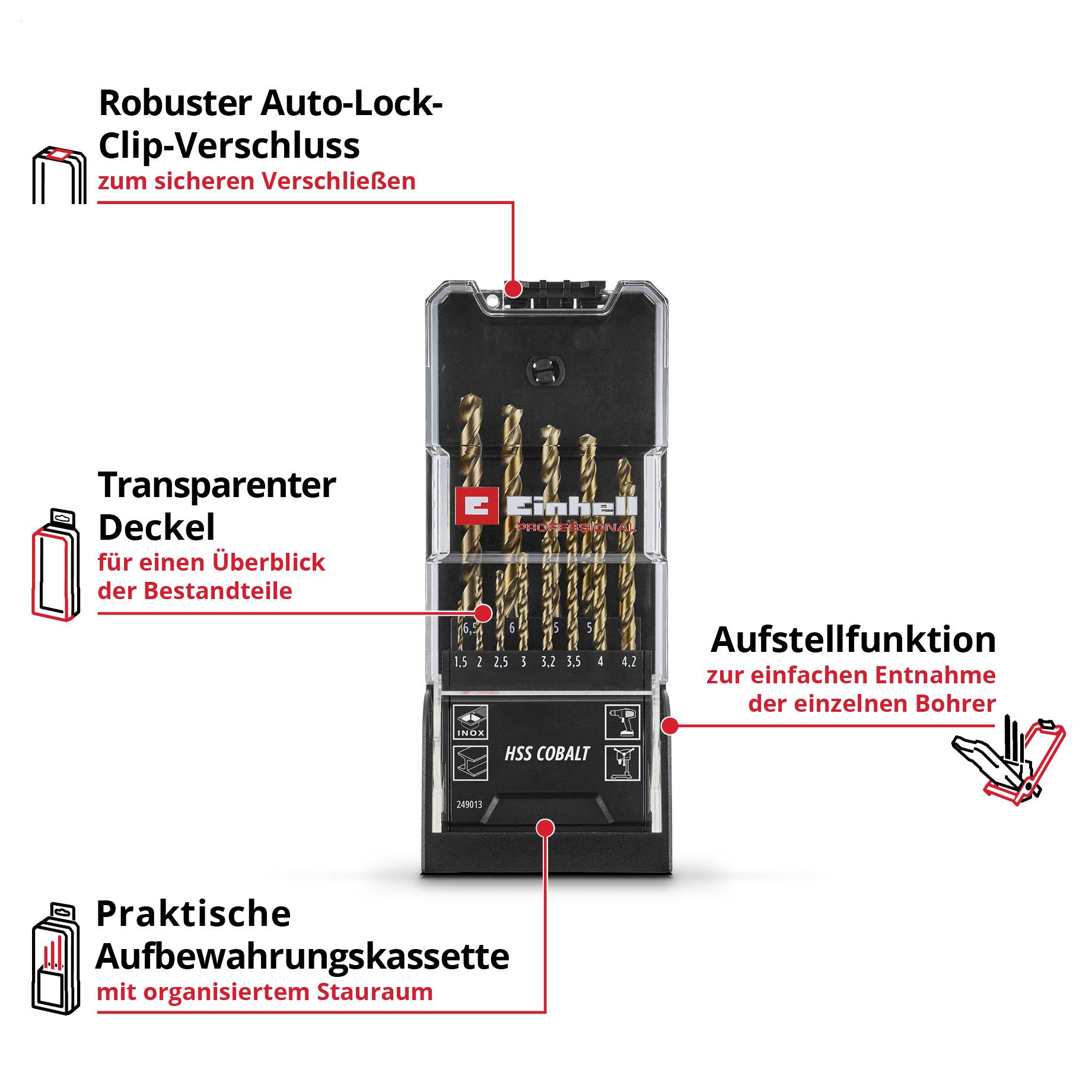 Produktkassette mit Bohrer-Set: robuster Auto-Lock-Clip-Verschluss, transparenter Deckel für Überblick, Aufstellfunktion zur einfachen Entnahme, praktische Aufbewahrungskassette.