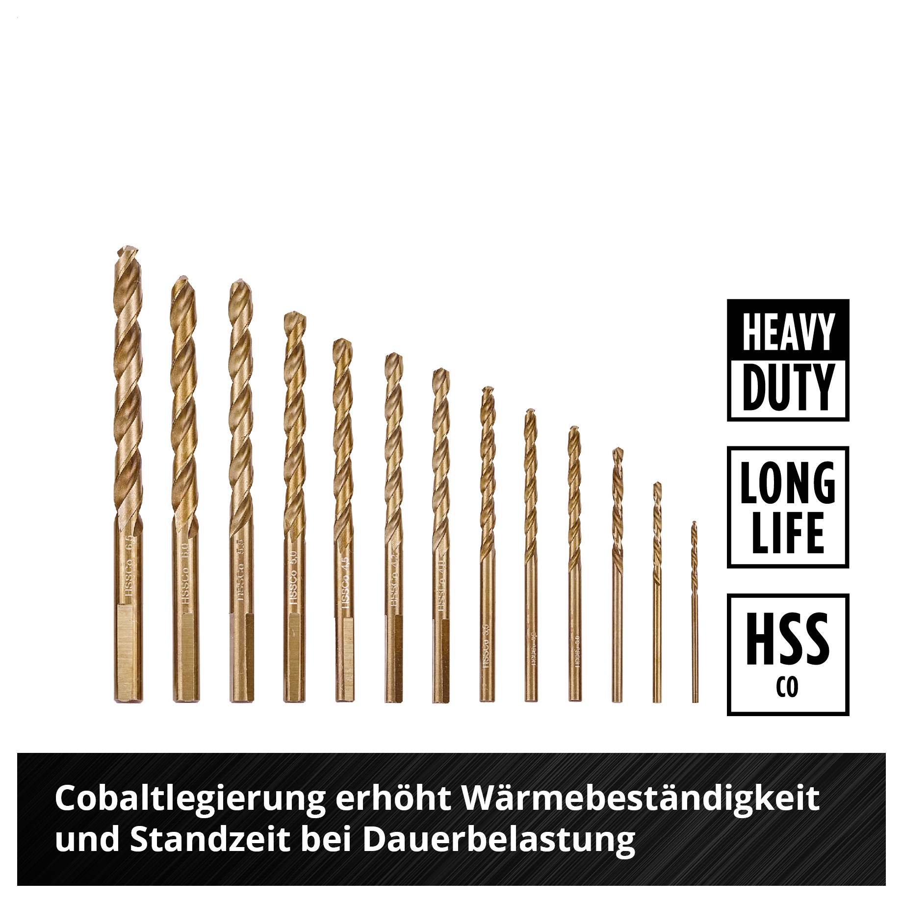 Produktgrafik mit mehreren HSS-Co-Bohrern in abnehmender Größe; Text: 'HEAVY DUTY', 'LONG LIFE', 'HSS CO' und 'Cobaltlegierung erhöht Wärmebeständigkeit und Standzeit bei Dauerbelastung'.