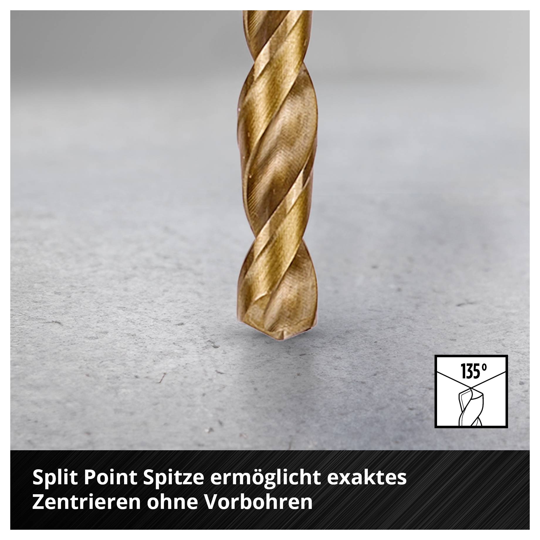 Nahaufnahme eines Bohrers mit Split-Point-Spitze; Hinweis: '135°', ermöglicht exaktes Zentrieren ohne Vorbohren.