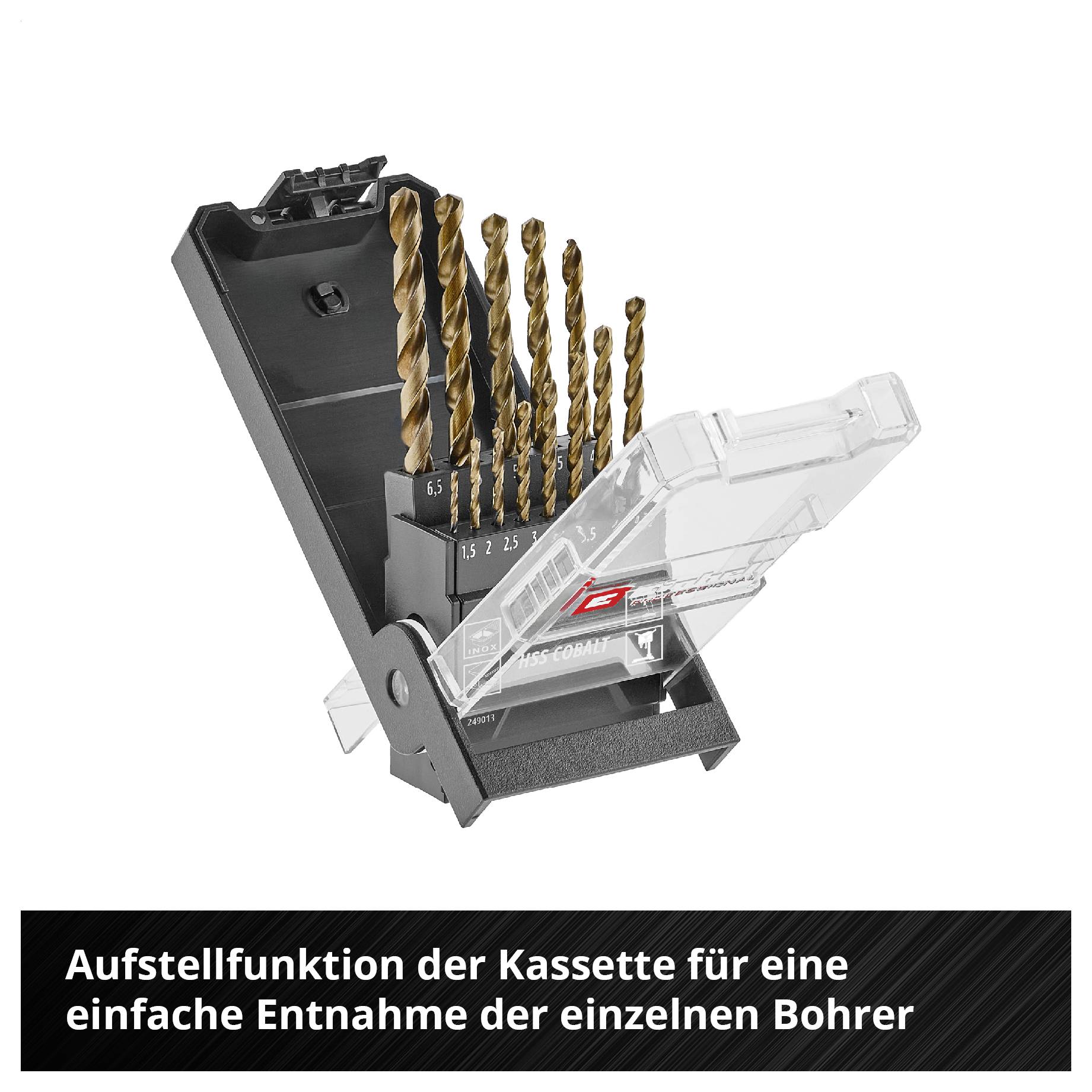 Bohrer-Kassette mit aufklappbarer Aufstellfunktion zur einfachen Entnahme einzelner Bohrer; Beschriftung: 'Aufstellfunktion der Kassette für eine einfache Entnahme der einzelnen Bohrer'
