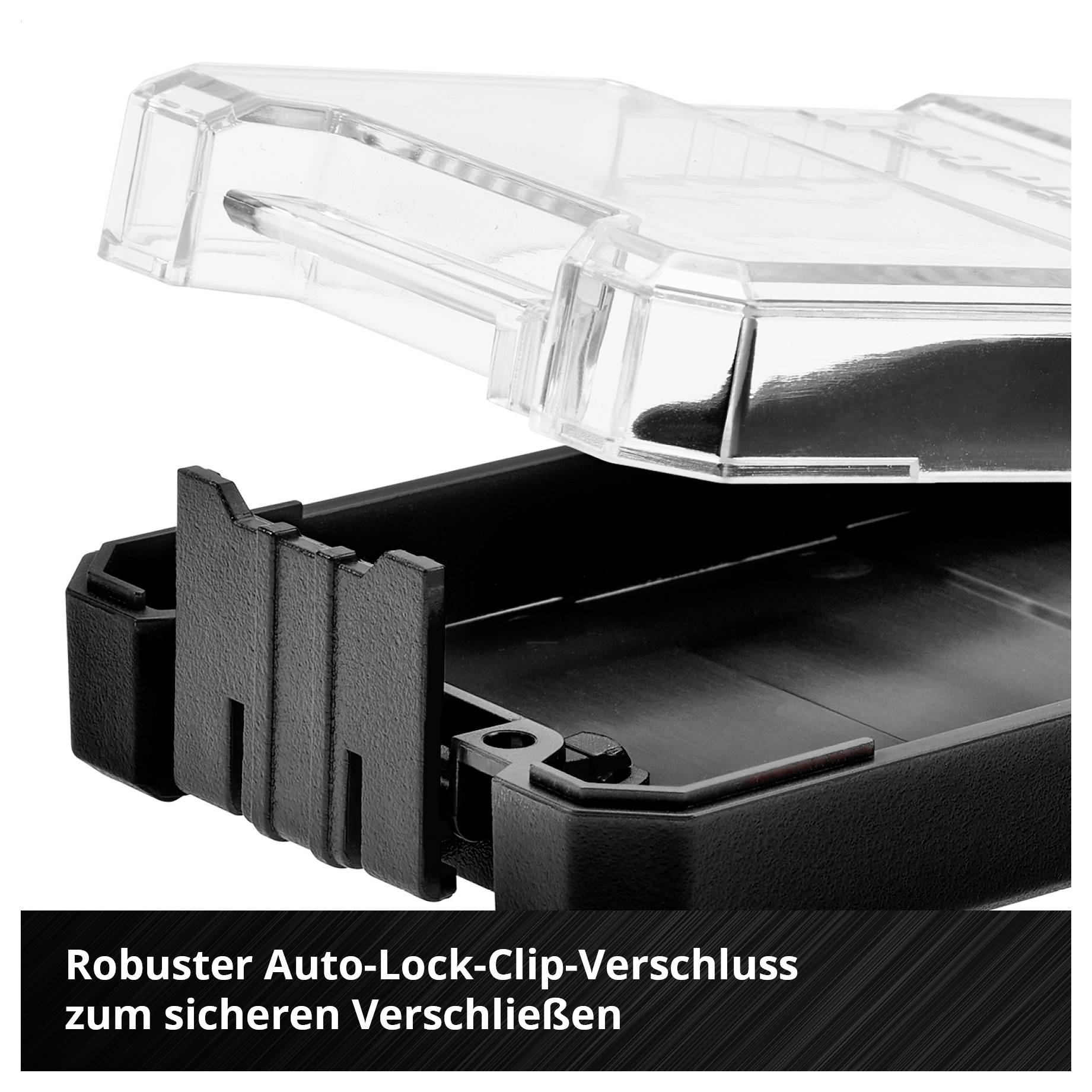 Detailaufnahme eines robusten Auto-Lock-Clip-Verschlusses mit transparenter Abdeckung; Text: 'Robuster Auto-Lock-Clip-Verschluss zum sicheren Verschließen'