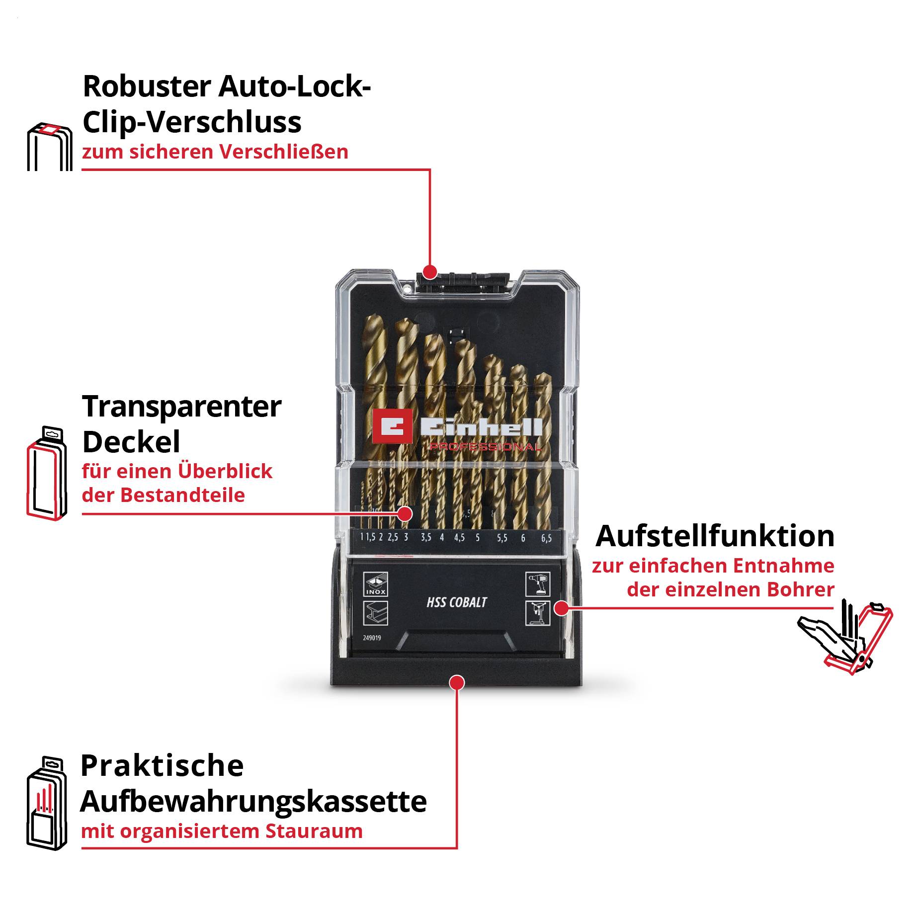 Bohrer-Set in Aufbewahrungskassette mit Sichtdeckel, Auto-Lock-Clip und Aufstellfunktion; markierte Vorteile: sichere Verschluss, Überblick, einfache Entnahme.