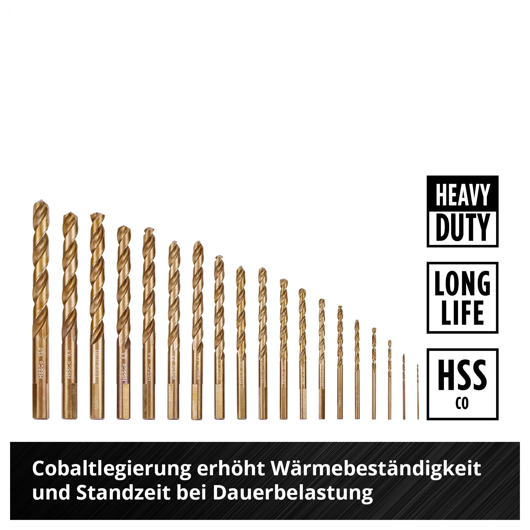 Werbegrafik mit verschiedenen Spiralbohrern in Größenabstufung; rechts die Labels 'HEAVY DUTY', 'LONG LIFE', 'HSS CO'. Unten: 'Cobaltlegierung erhöht Wärmebeständigkeit und Standzeit bei Dauerbelastung'.
