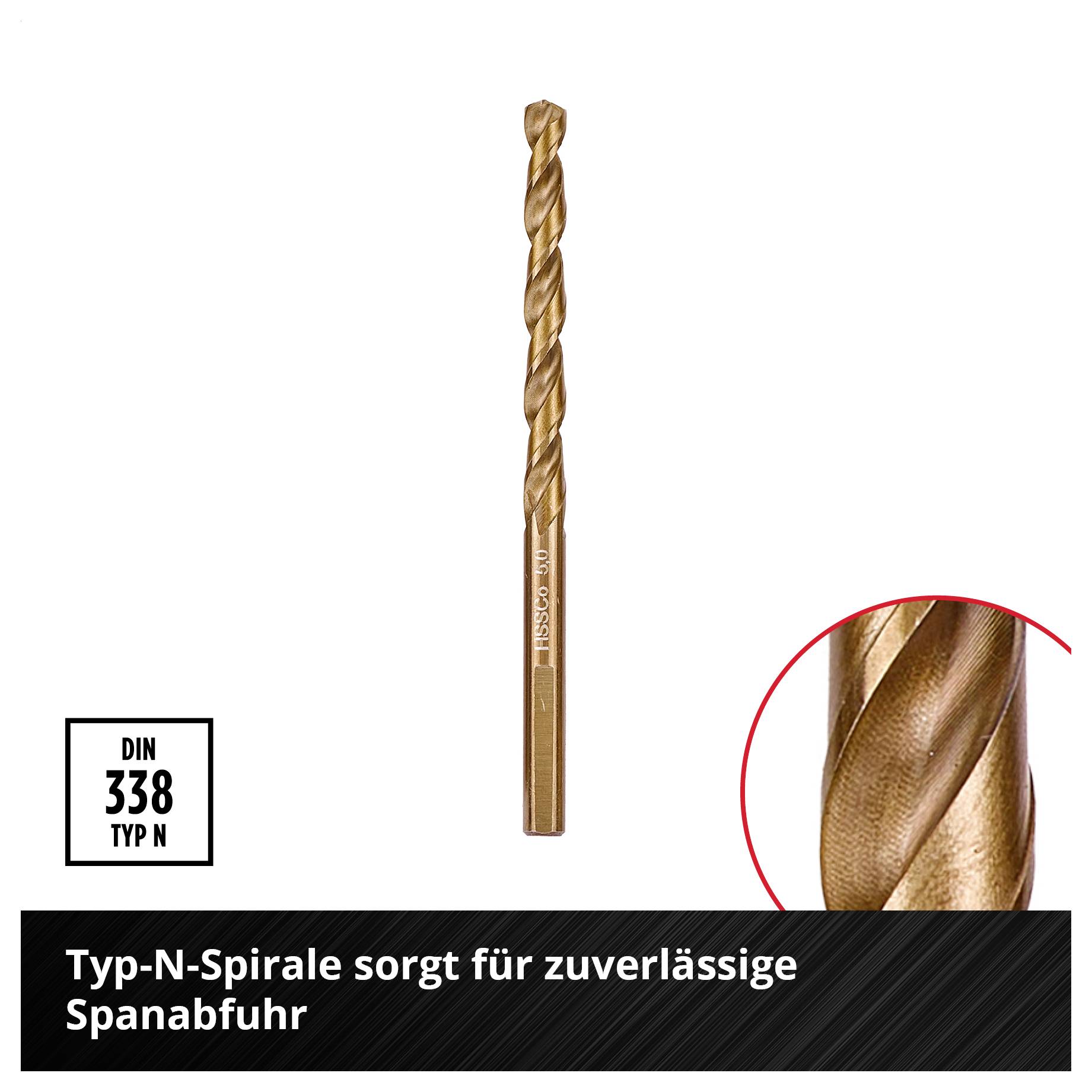Bohrer 'DIN 338 Typ N' mit Spiralnuten; Hinweis: 'Typ-N-Spirale sorgt für zuverlässige Spanabfuhr'.