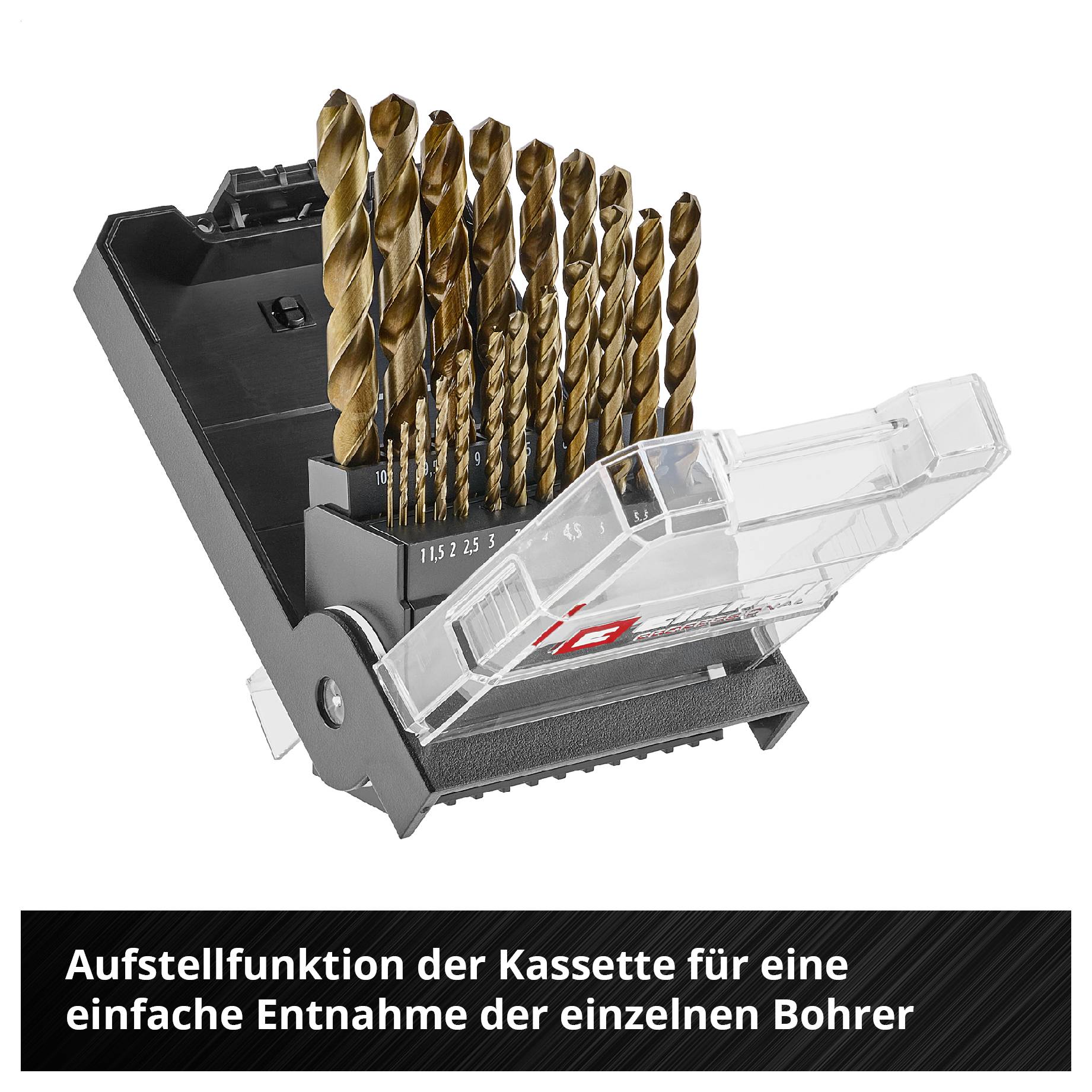 Bohrerkassette mit mehreren Spiralbohrern und aufklappbarer Abdeckung; zeigt die Aufstellfunktion für einfache Entnahme der einzelnen Bohrer.