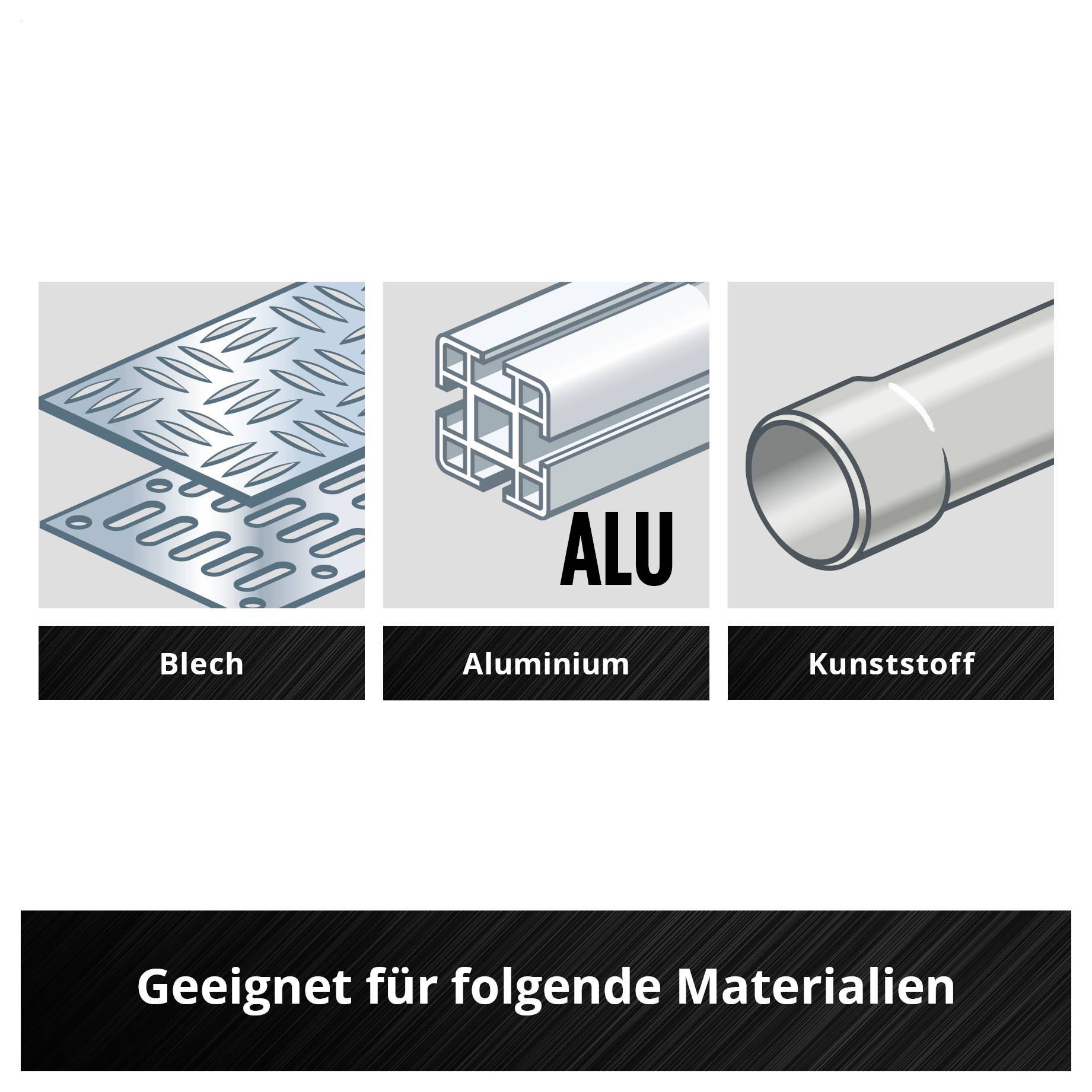 Übersicht 'Geeignet für folgende Materialien' mit drei Optionen: Blech, Aluminium und Kunststoff, jeweils durch Materialbilder dargestellt.