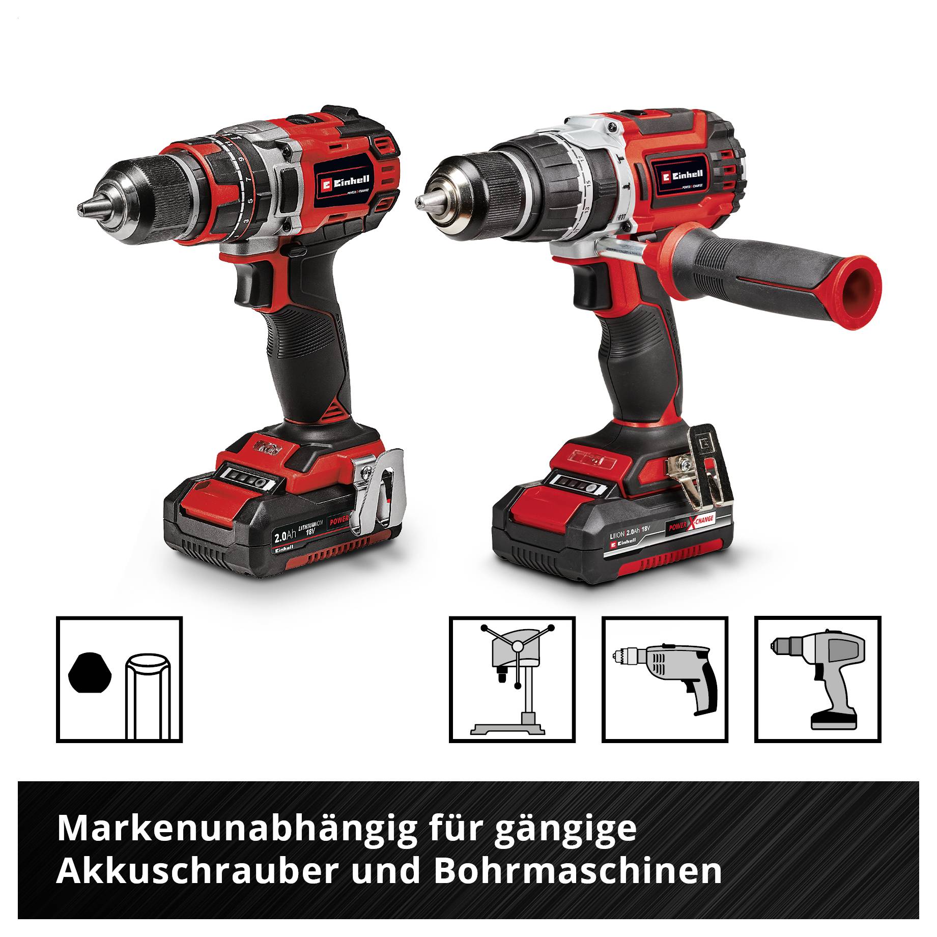 Werbegrafik mit zwei roten Akku-Bohrschraubern; darunter Symbole für verschiedene Aufsatz- und Maschinentypen. Text: 'Markenunabhängig für gängige Akkuschrauber und Bohrmaschinen'