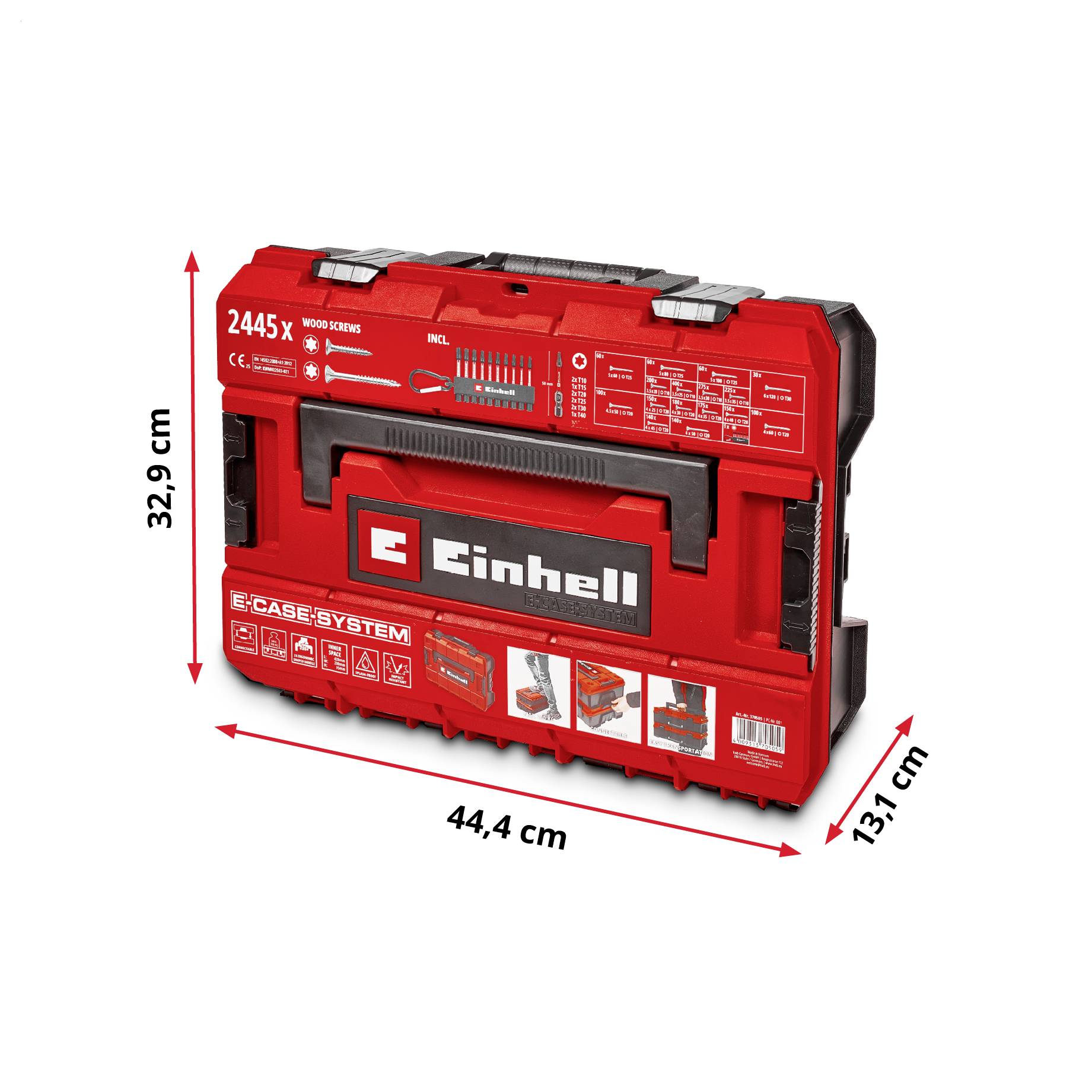 Rote Einhell E-Case Systemwerkzeugkiste mit den Abmessungen 44,4 cm Breite, 32,9 cm Höhe und 13,1 cm Tiefe.