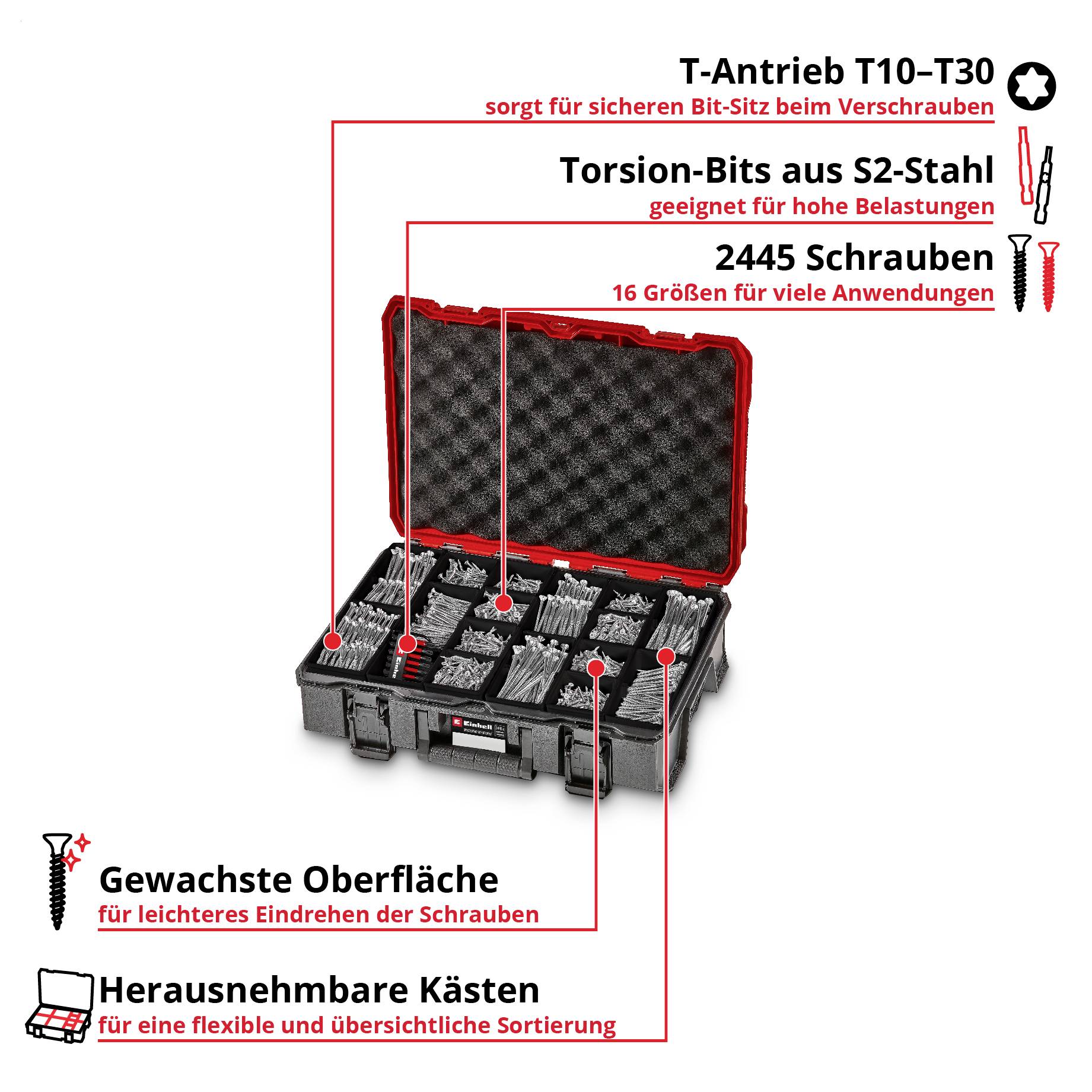 Offene Werkzeugbox mit Torsion-Bits aus S2-Stahl und 2445 Schrauben; herausnehmbare Kästen und gewachste Oberfläche für leichtes Eindrehen.