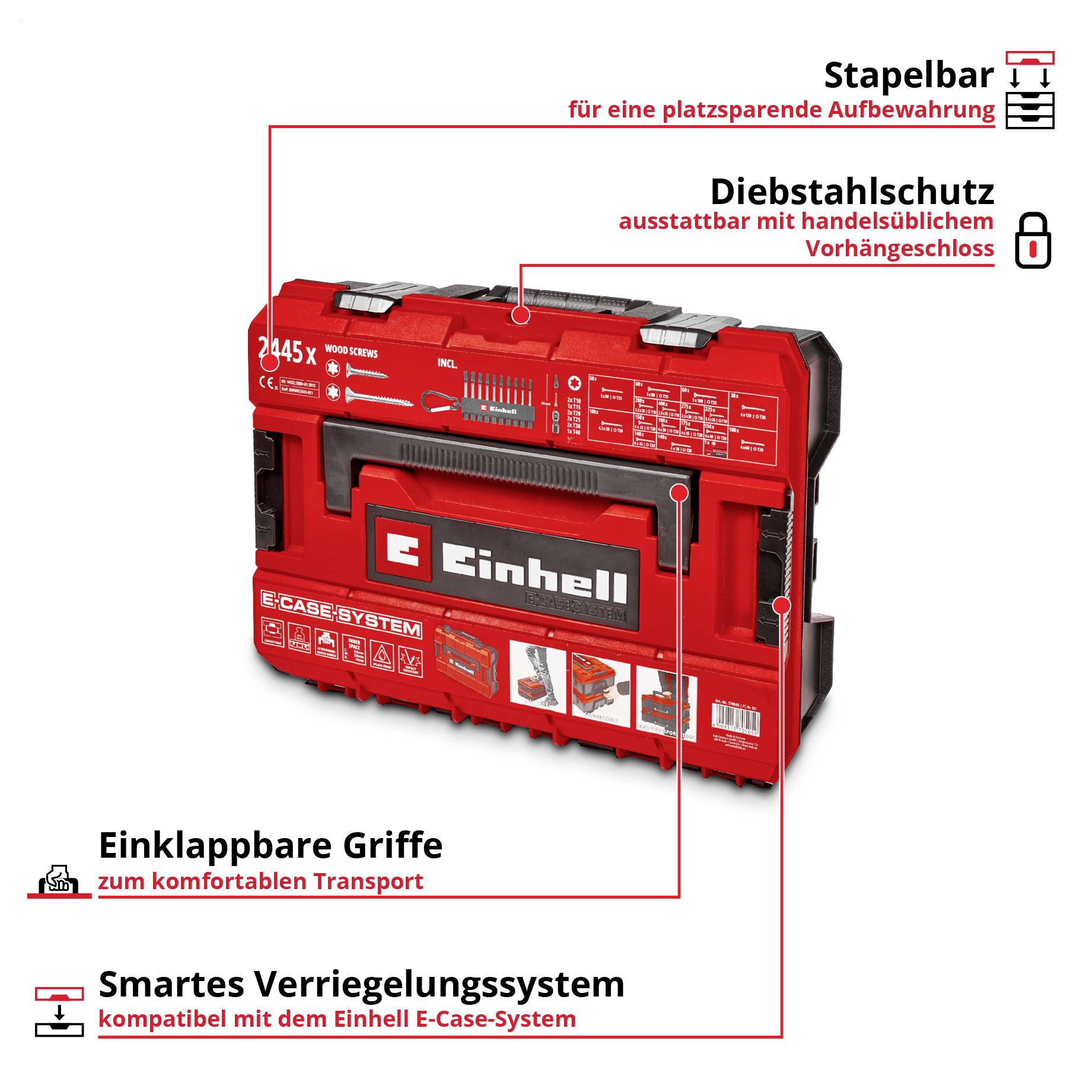 Rote Einhell-Werkzeugbox mit klappbaren Griffen, stapelbar und abschließbar; zeigt Faltgriff, Diebstahlschutz und kompatibles Verriegelungssystem.