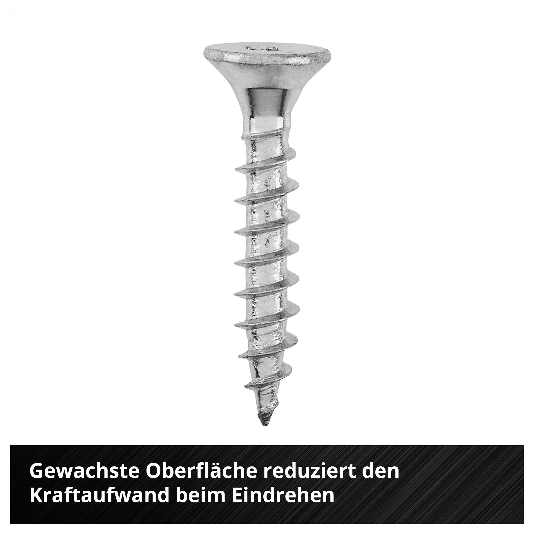 Silberne Schraube mit gewachster Oberfläche; Text: 'Gewachste Oberfläche reduziert den Kraftaufwand beim Eindrehen'.