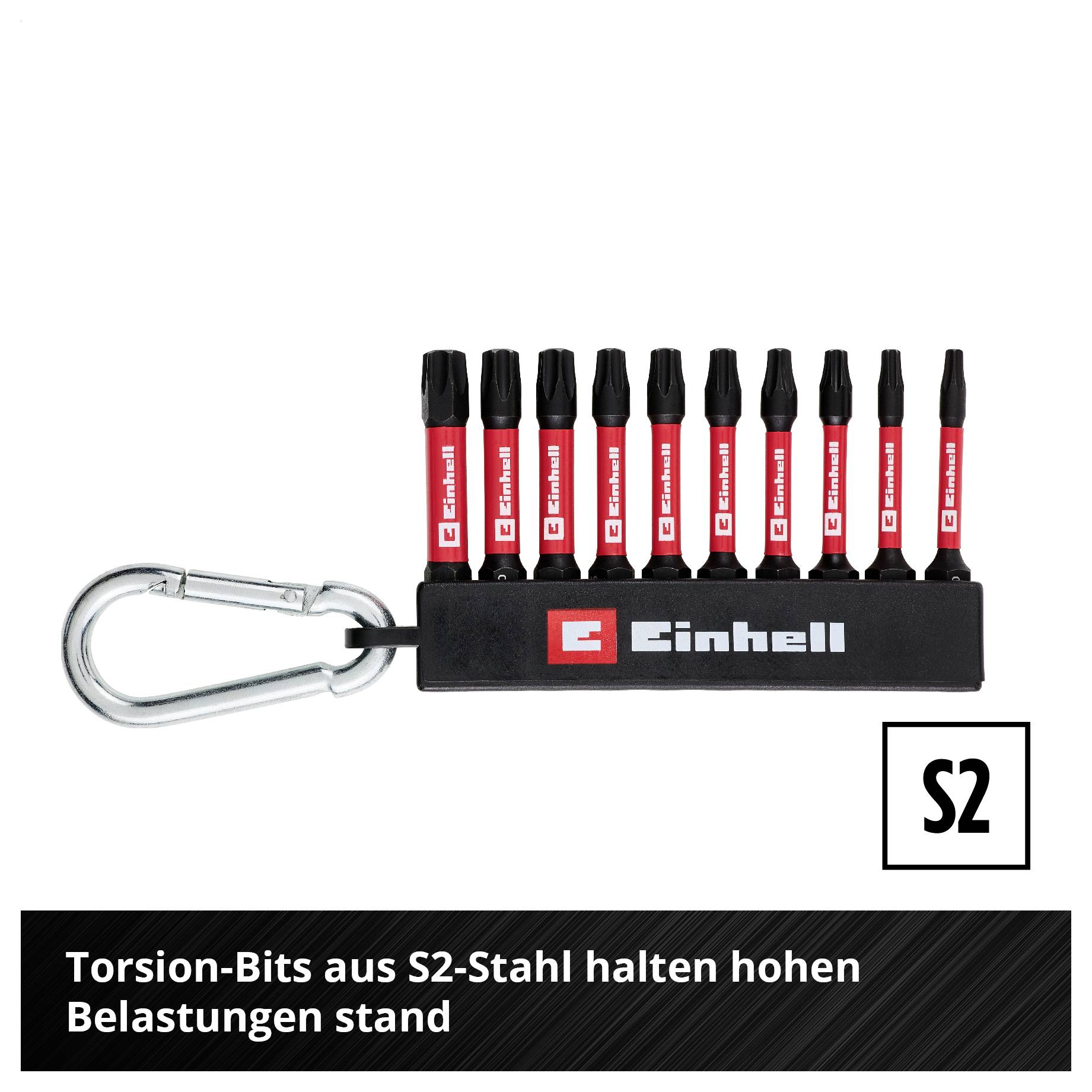 Einhell Torsion-Bit-Set aus S2-Stahl mit Karabiner; 10 Bits im Halter, für hohe Belastungen.