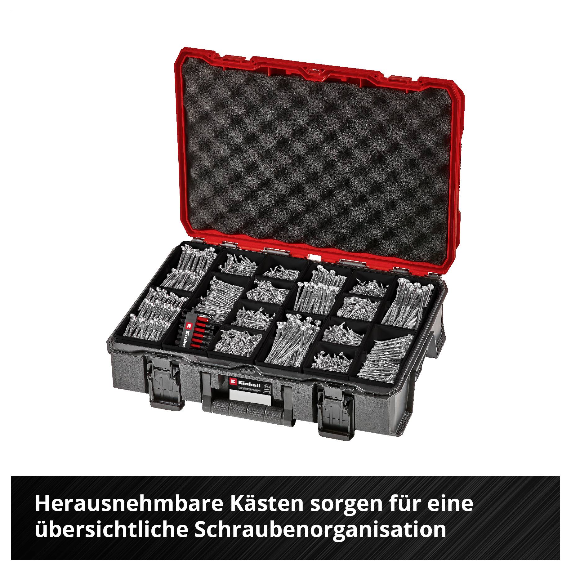 Offener Koffer mit sortierten Schrauben in mehreren herausnehmbaren Boxen; darunter steht: 'Herausnehmbare Kästen sorgen für eine übersichtliche Schraubenorganisation'