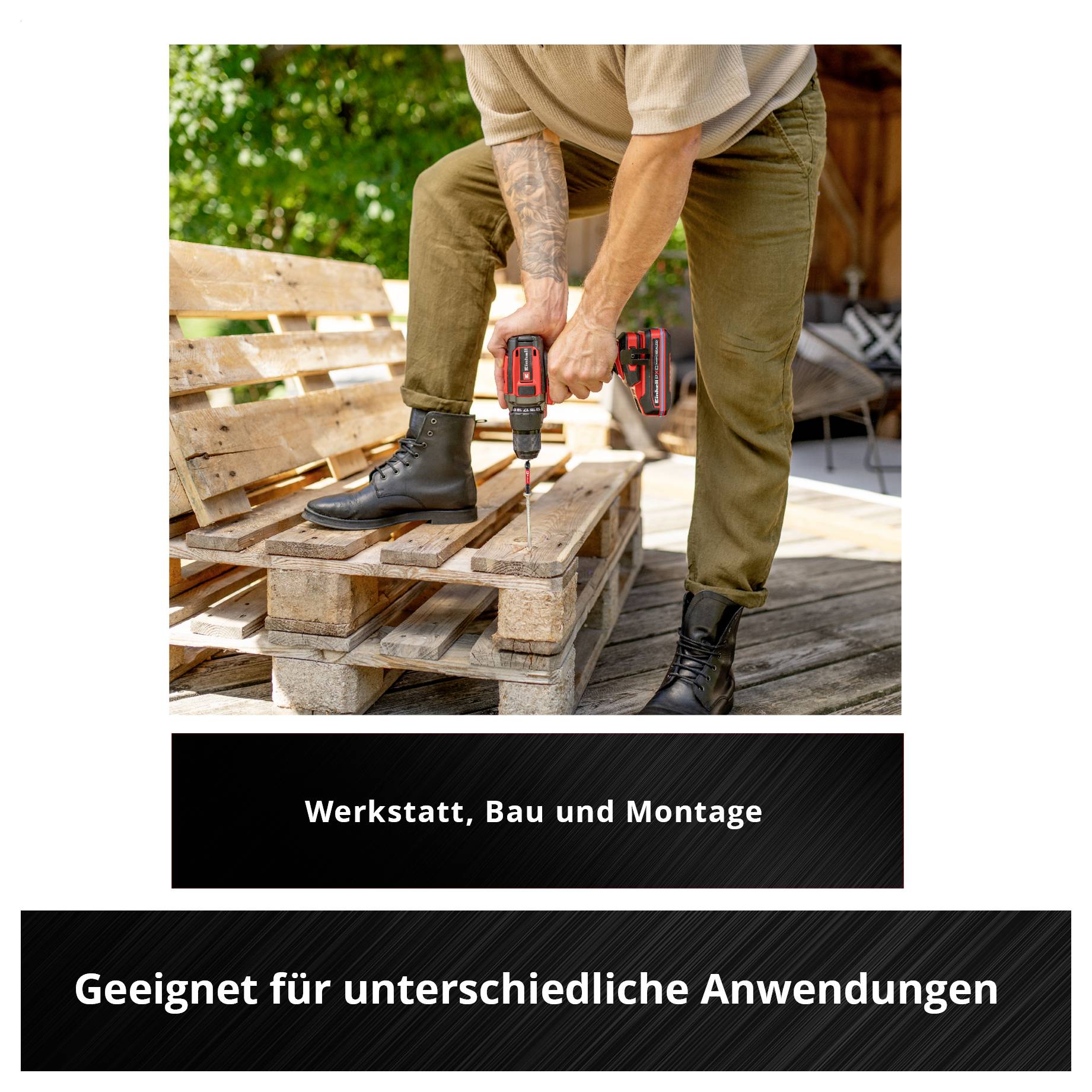 Mann bohrt mit Akkuschrauber an einer Holzbank; darunter steht 'Werkstatt, Bau und Montage' sowie 'Geeignet für unterschiedliche Anwendungen'.