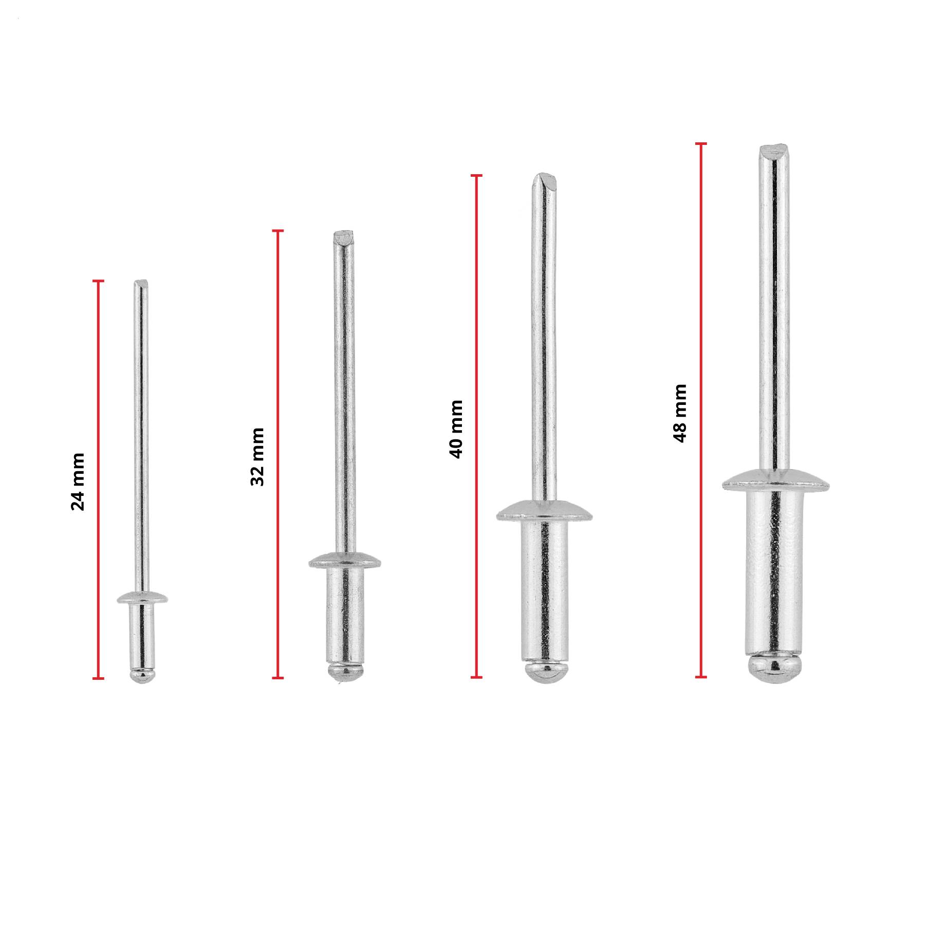 Vier silberne Nieten, gezeigt nach Größe, mit den Bezeichnungen 24 mm, 32 mm, 40 mm und 48 mm, die zunehmende Länge andeuten.