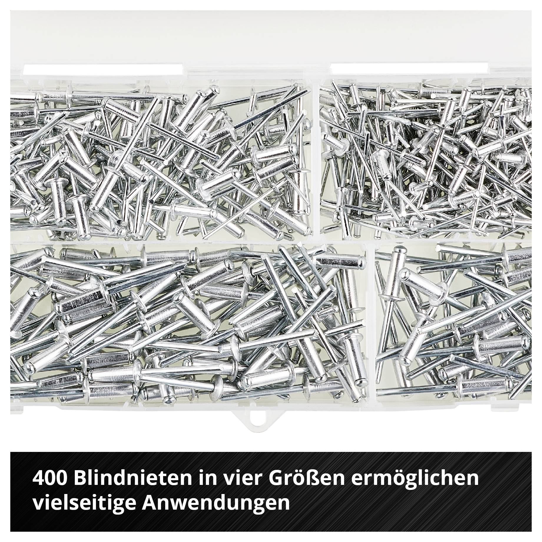 Hand, die ein rotes Einhell-Nitwerkzeug verwendet, um ein Metallblech zu befestigen, mit der Beschriftung „Aluminium/Stahl sorgt für stabile und starke Verbindungen