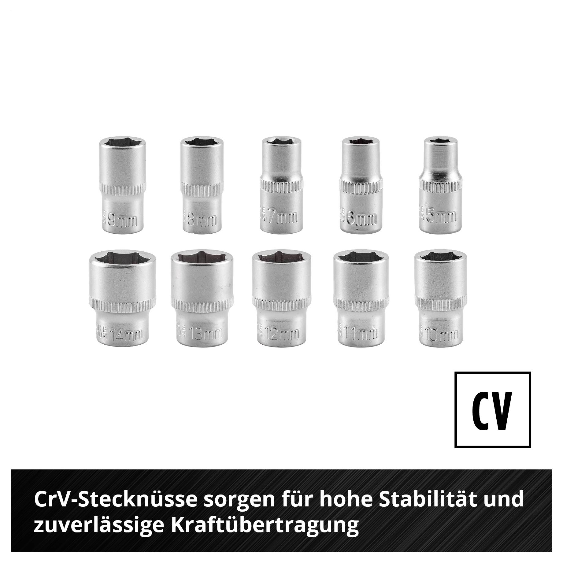 Bild mit verschiedenen silbernen CrV-Stecknüssen in unterschiedlichen Größen; unten Text: 'CrV-Stecknüsse sorgen für hohe Stabilität und zuverlässige Kraftübertragung'.