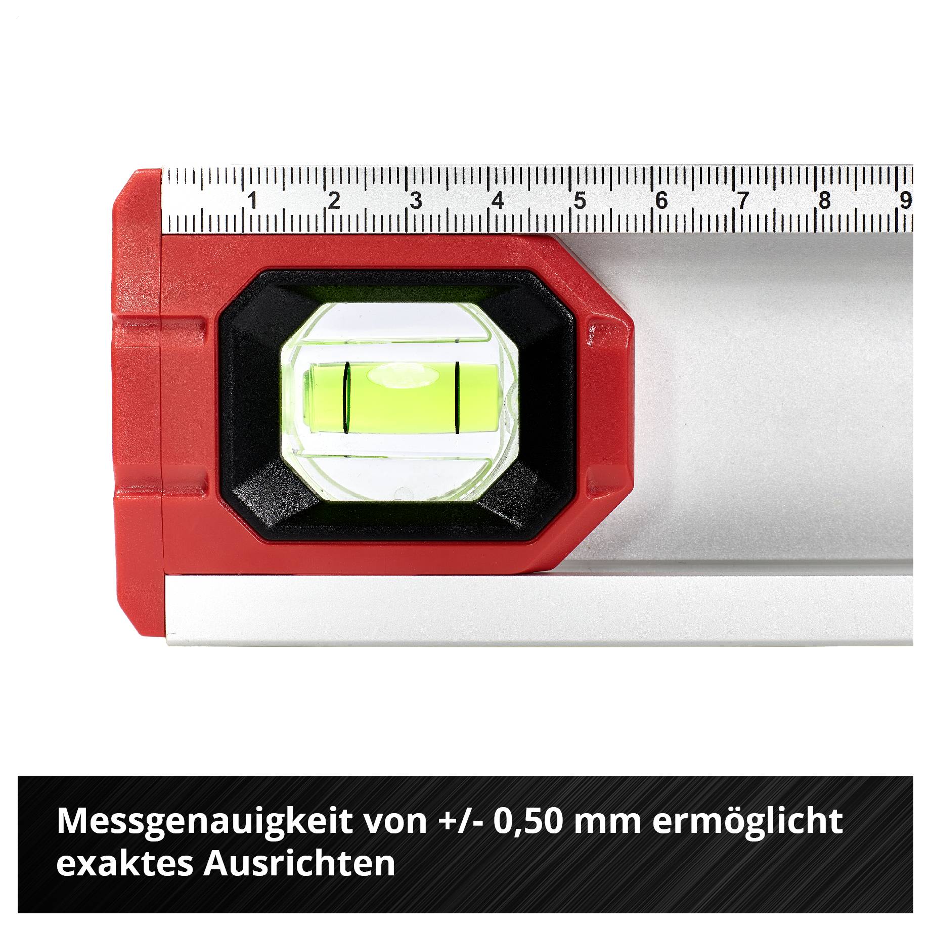 Libelle einer Wasserwaage mit Maßskala; Text: 'Messgenauigkeit von +/- 0,50 mm ermöglicht exaktes Ausrichten'.