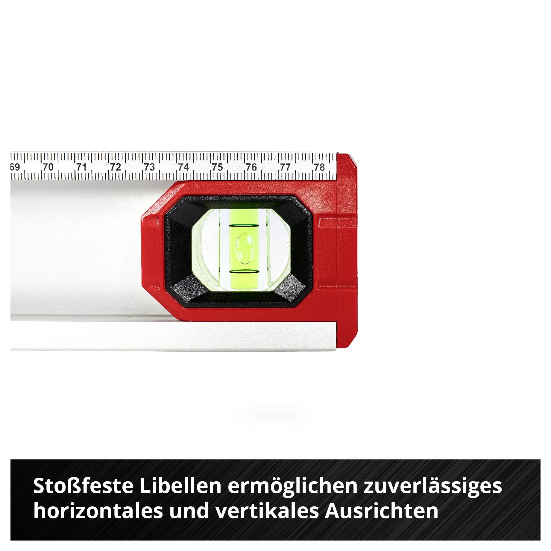 Wasserwaage mit roter Libelle und Messskala; Text: 'Stoßfeste Libellen ermöglichen zuverlässiges horizontales und vertikales Ausrichten'