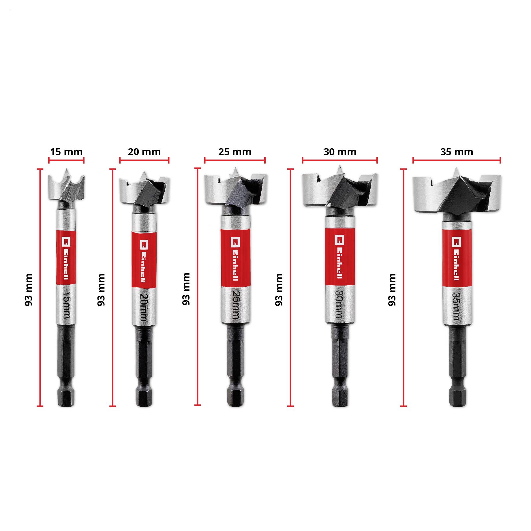 Einhell 461013 Forstnerbohrer-Set 15 mm, 20 mm, 25 mm, 30 mm, 35mm Gesamtlänge 93mm 1 Set