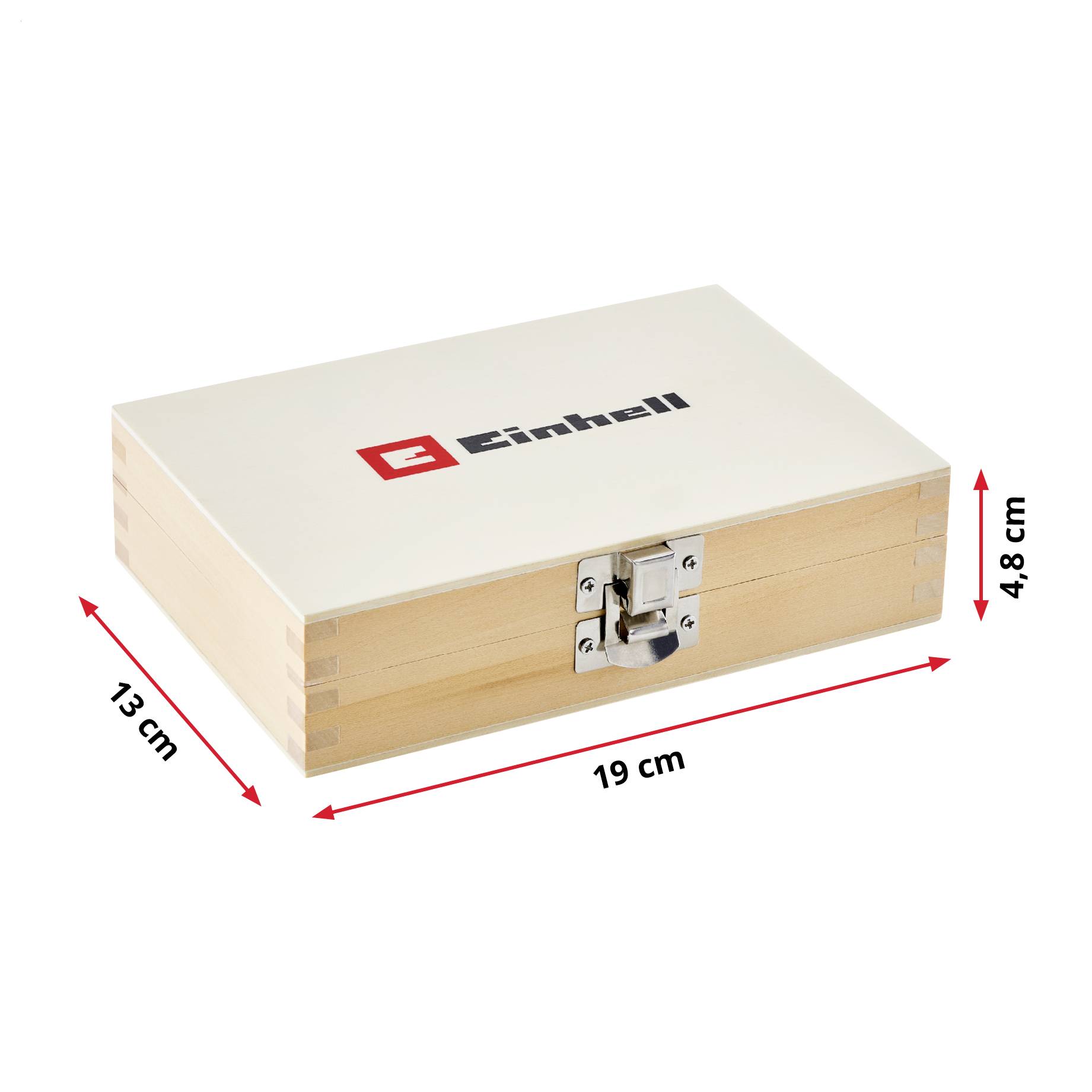 Holzlagerkiste mit Verschluss, Marke Einhell, gezeigt mit Abmessungen 19 cm mal 13 cm mal 4,8 cm.