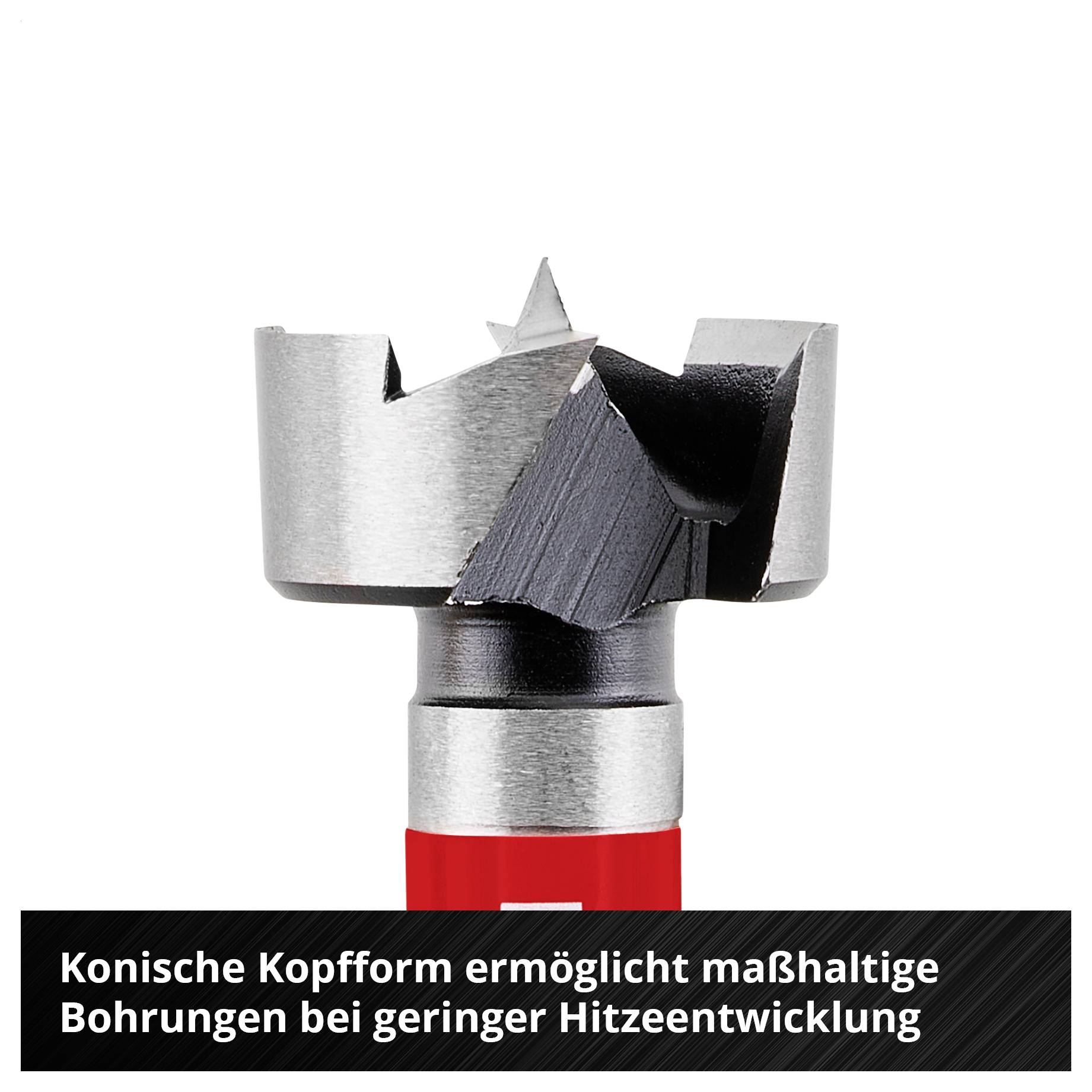 Foto eines Spiralbohrers mit konischer Kopfform; Text: 'Konische Kopfform ermöglicht maßhaltige Bohrungen bei geringer Hitzeentwicklung'