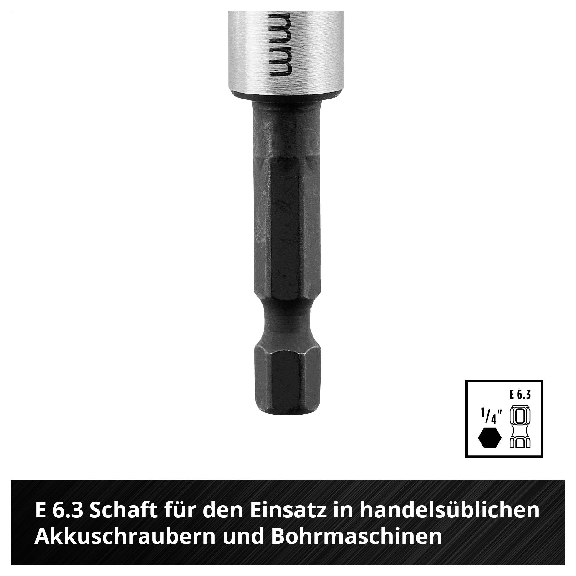 Bitschaft E 6,3 für handelsübliche Akkuschrauber und Bohrmaschinen, 1/4-Zoll-Schaft mit Sechskantaufnahme.
