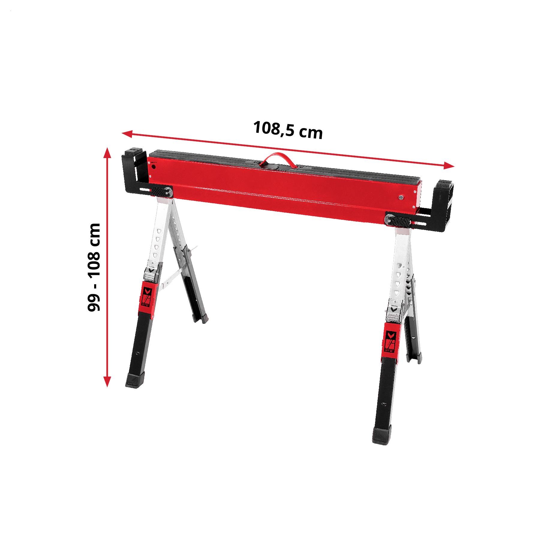 Klappbare rot-schwarz gestreifte Werkbank oder Sägebock mit verstellbaren Beinen, gekennzeichnet mit 108,5 cm Breite und 99–108 cm Höhe.