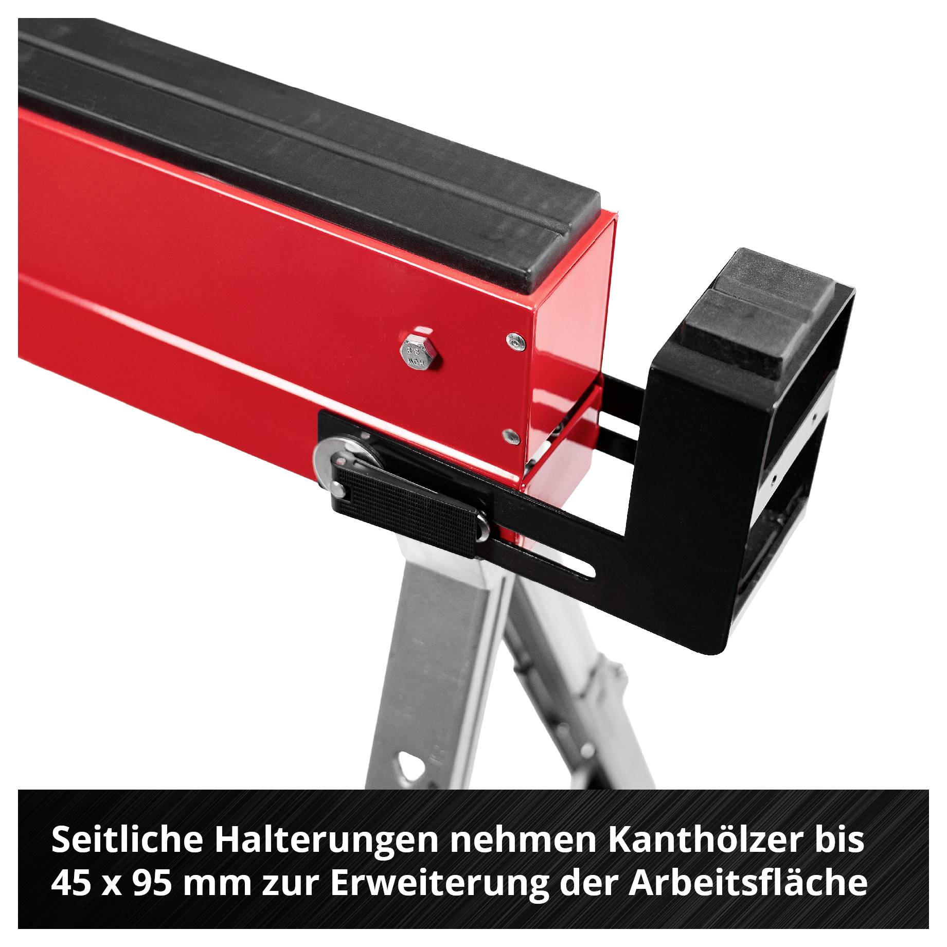 Rote Maschinen-Arbeitsfläche mit seitlicher Halterung für Kanthölzer; Text nennt Erweiterung für 45 x 95 mm.