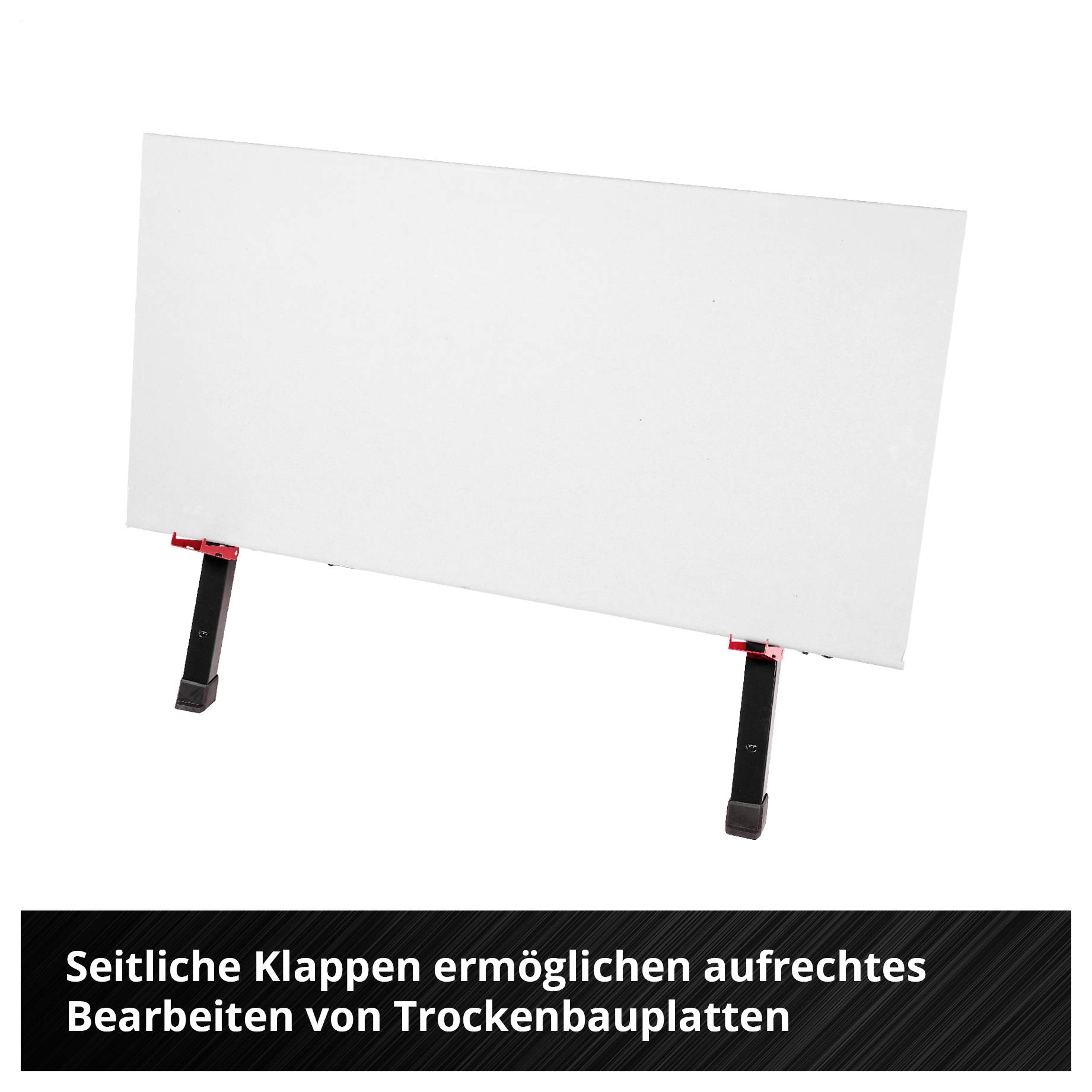 Ein Mann verwendet einen roten Elektroschleiffer auf einer Holzplatte, während er eine Schutzbrille und eine Maske trägt; die Bildunterschrift besagt „Die harzgebundene Papierkauschschicht bleibt auch unter Druck stabil